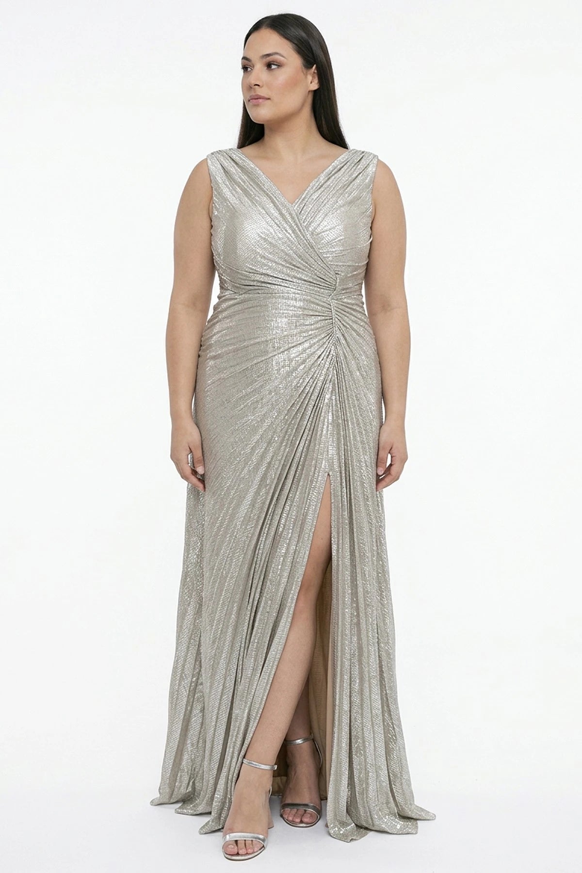 Image of Women's Front and Back V-Neck Ekol Fabric Pleated Series Stone Embellished Lined Plus Size Long Dress