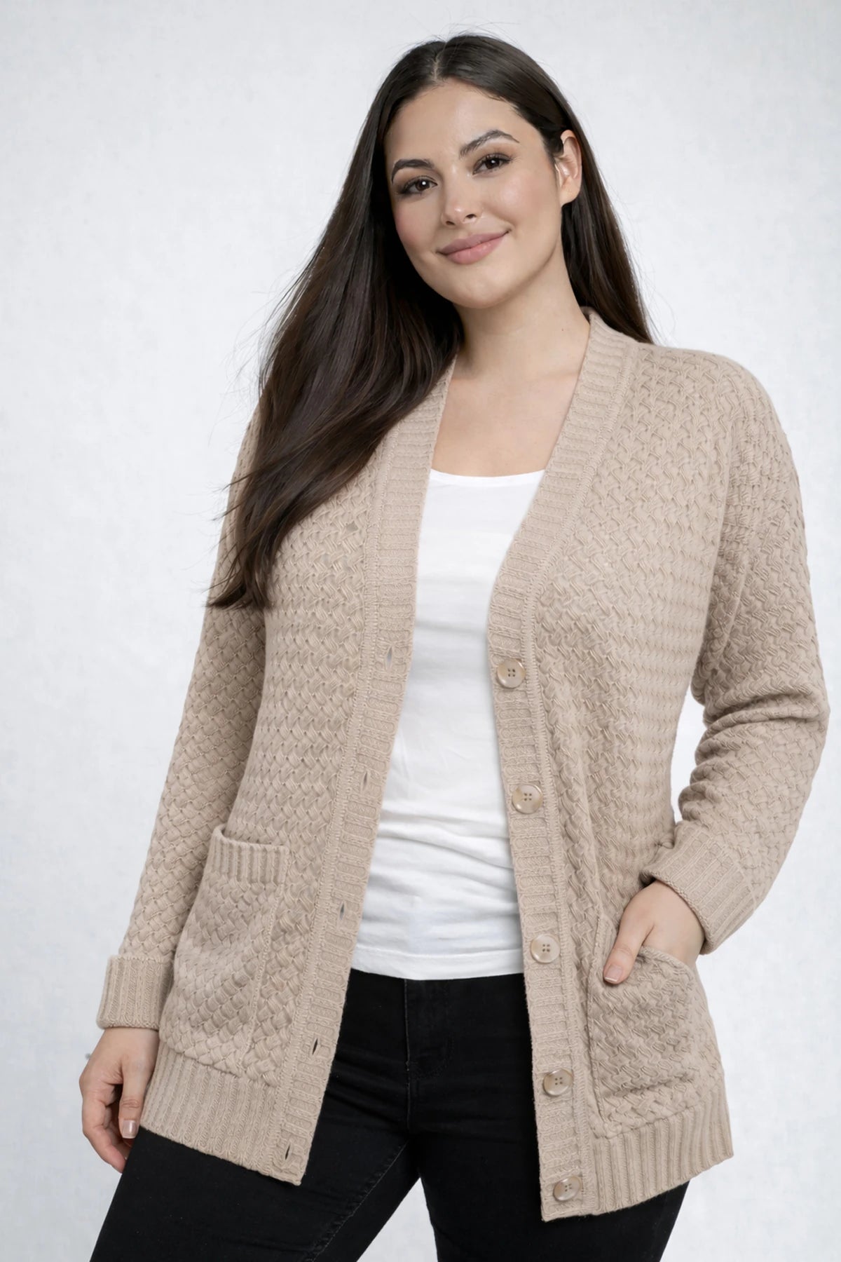 Image of Women's Basket Weave Pattern Pocketed Tunic Cardigan