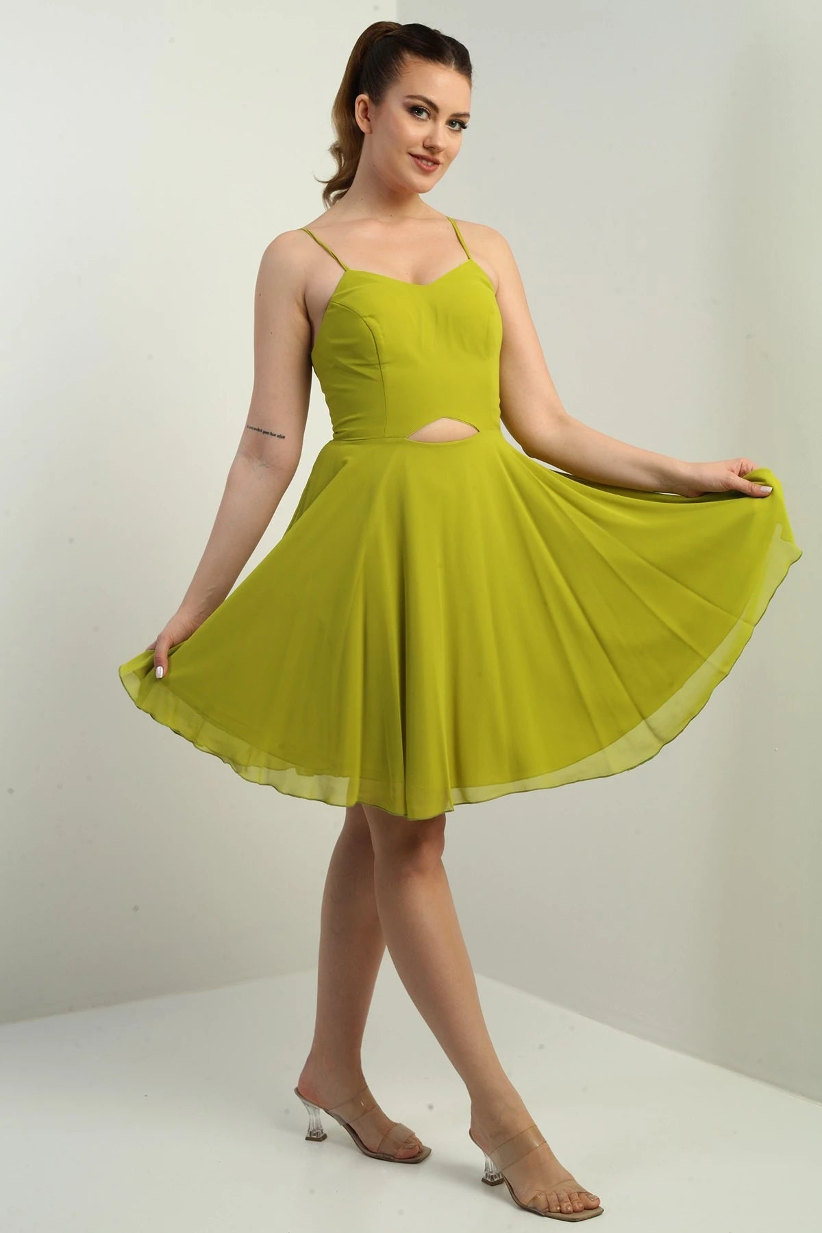 Image of Women's Strappy, Back-Tie, Front-Opening, Lined Chiffon Short Flared Dress