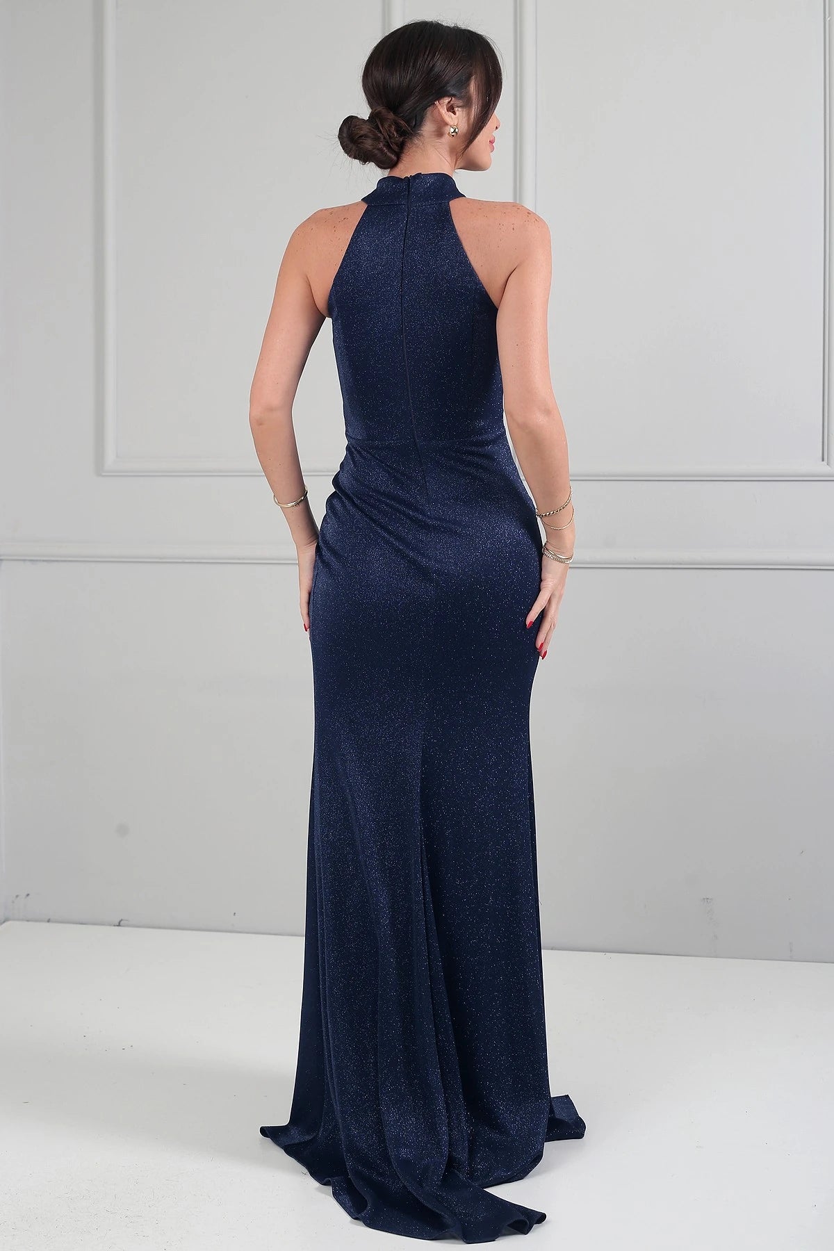Image of Women's Halter Neck Lined Draped Glitter Long Dress