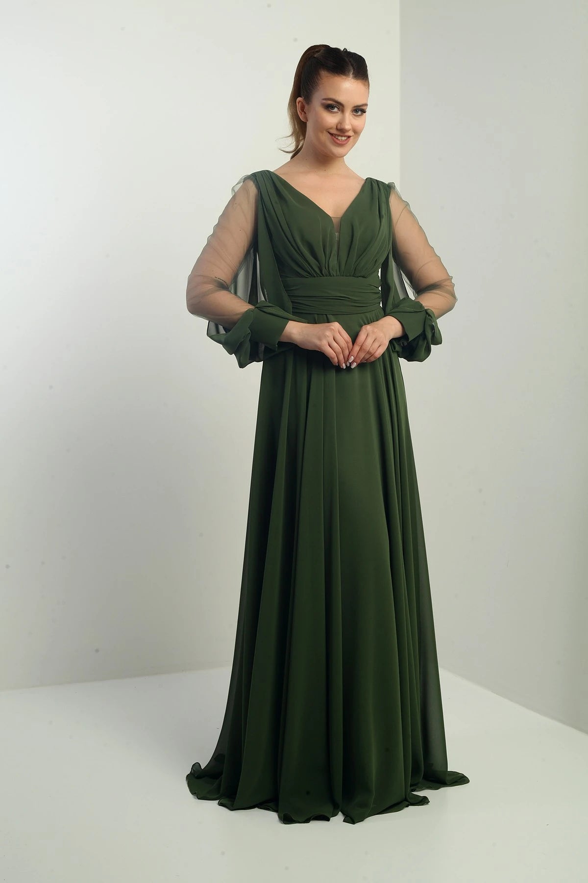 Image of Front and back V-neck, draped front, tulle sleeves, lined, wide-length chiffon dress.