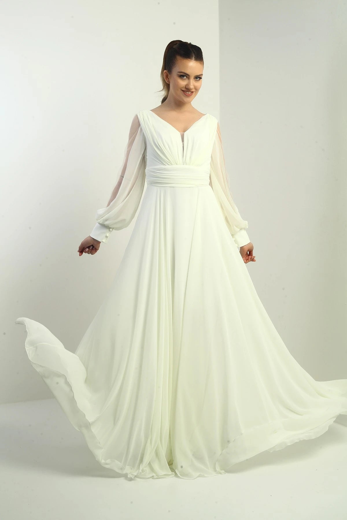 Image of Front and back V-neck, draped front, tulle sleeves, lined, wide-length chiffon dress.