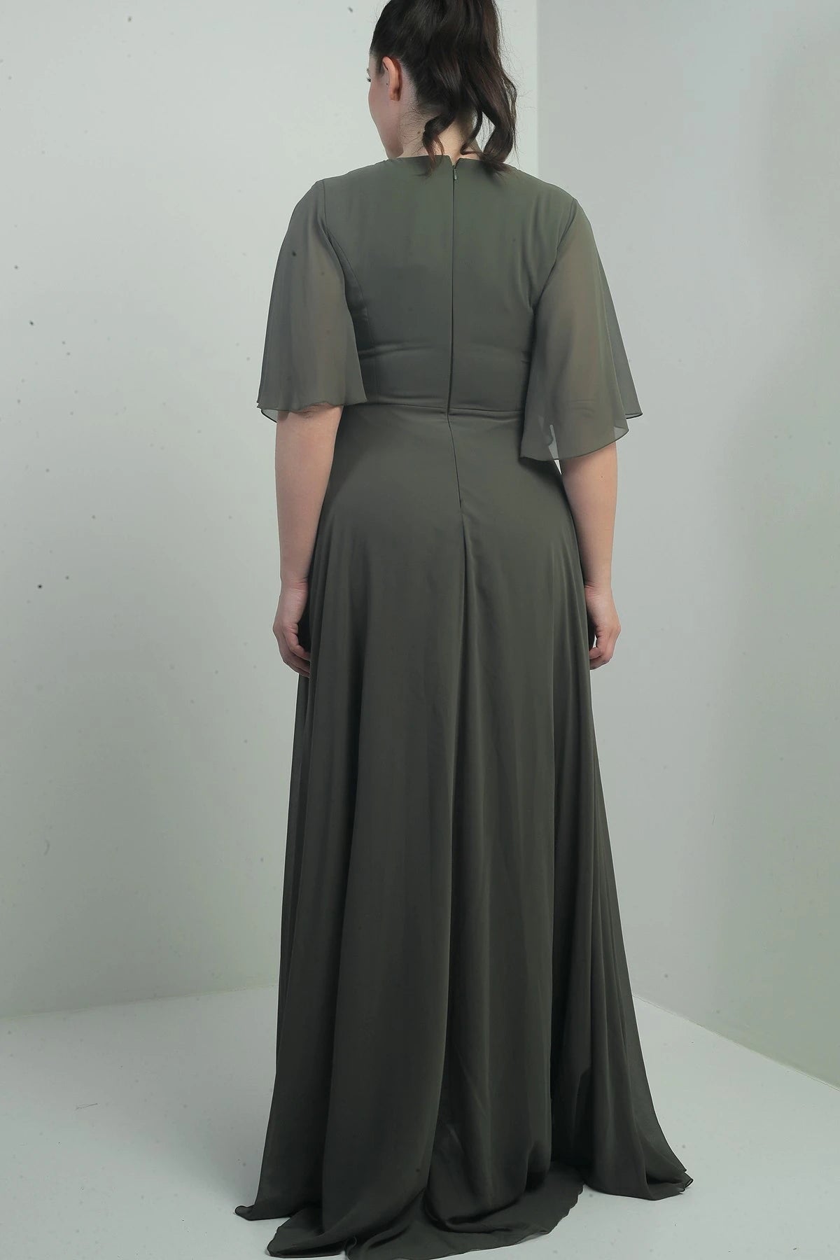 Image of Women's V-Neck, Waistband with Stone Embellishment, Draped, Lined, Plus Size Long Chiffon Dress