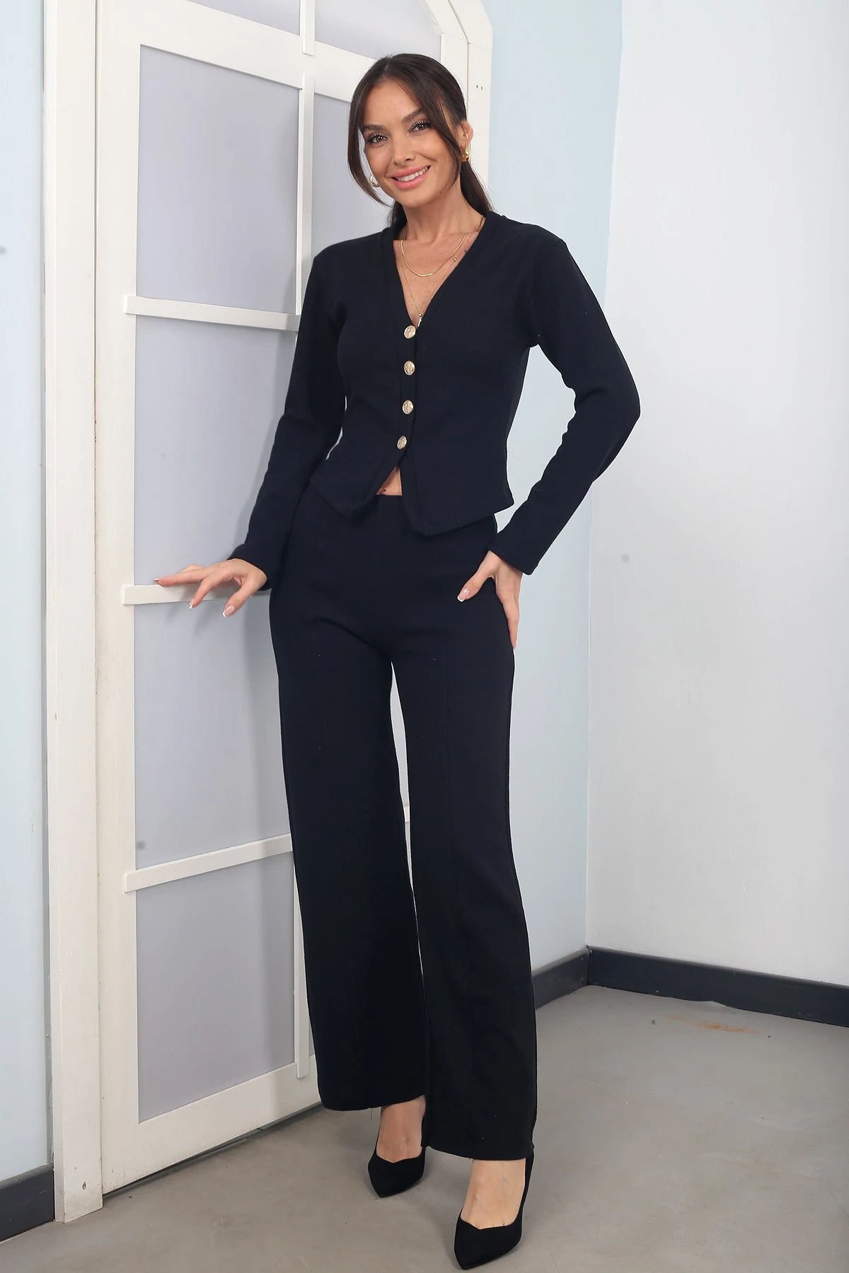 Image of Women's Button-Front Jacket, Chimeli Palazzo Trousers, Thessaloniki Style Two-Piece Set