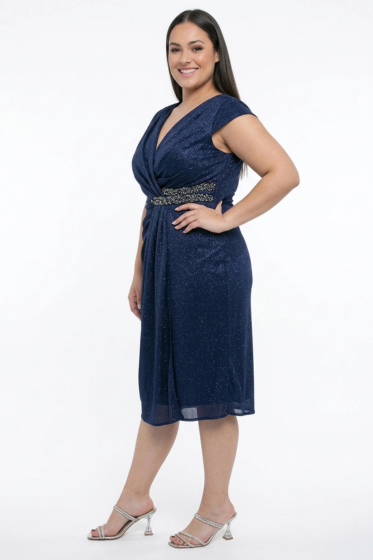 Image of Women's Wrap Neckline Half-Moon Sleeve Lined Plus Size Short Dress with Rhinestone and Glitter Embellishment at the Waist