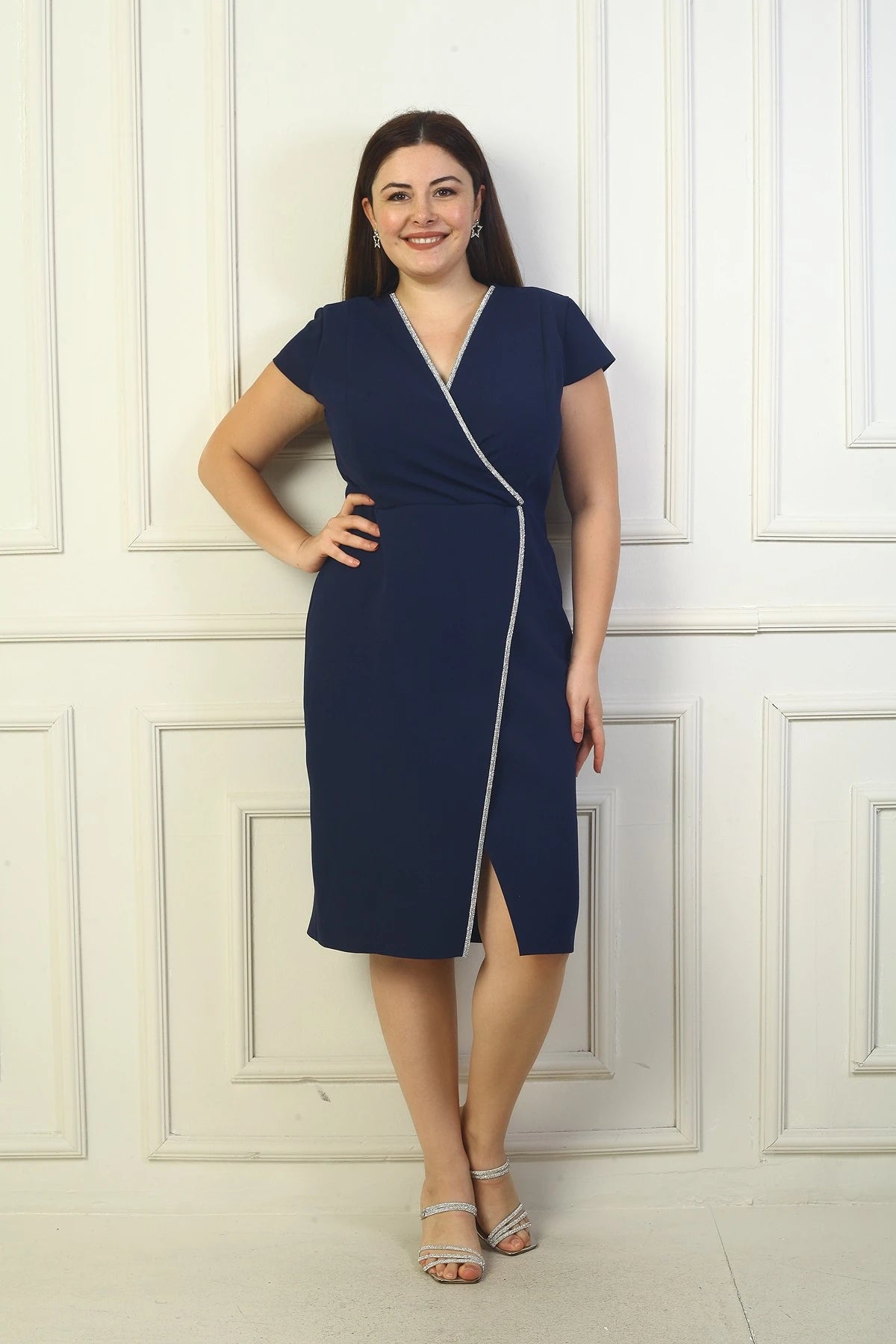 Image of Women's Wrap Neck Half-Moon Sleeve Embellished Front Slit BB Dress