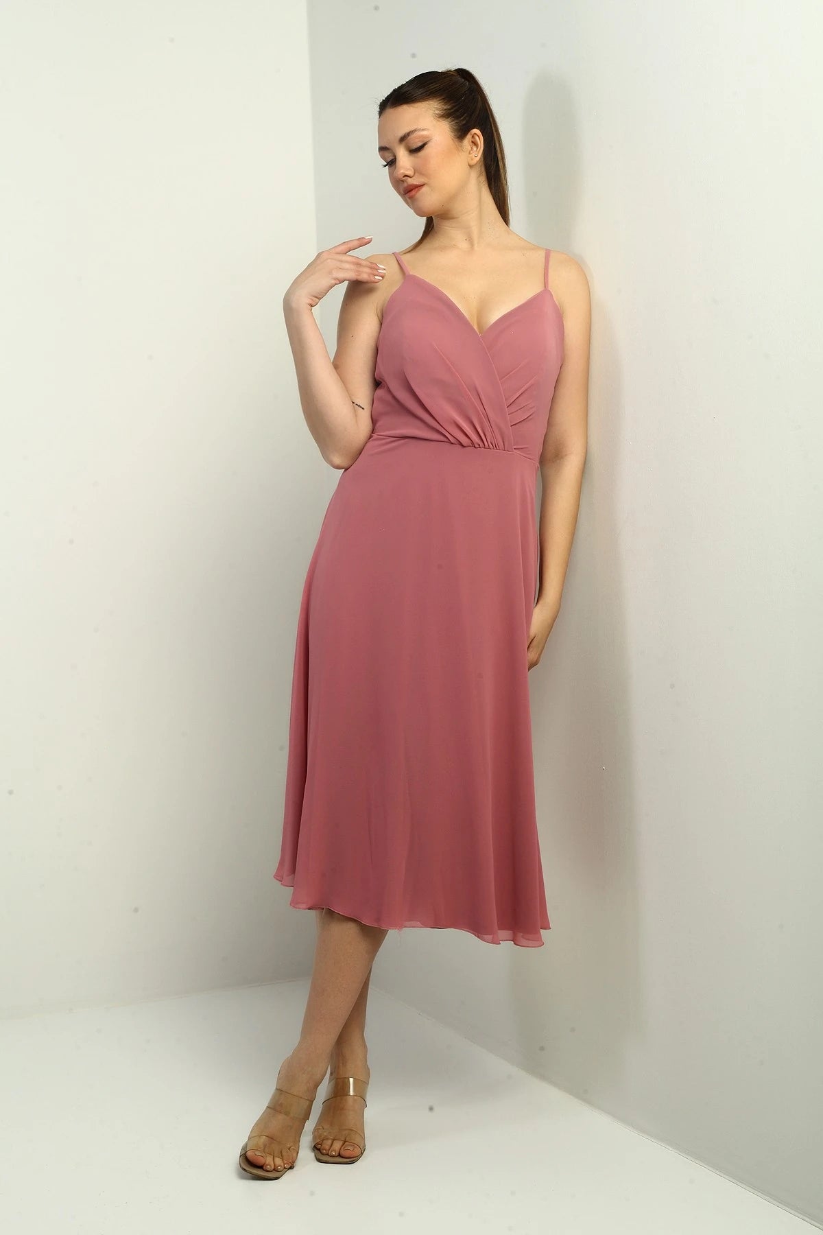 Image of Women's Strappy Wrap Neckline Lined Lace-Up Back Flared Chiffon Dress