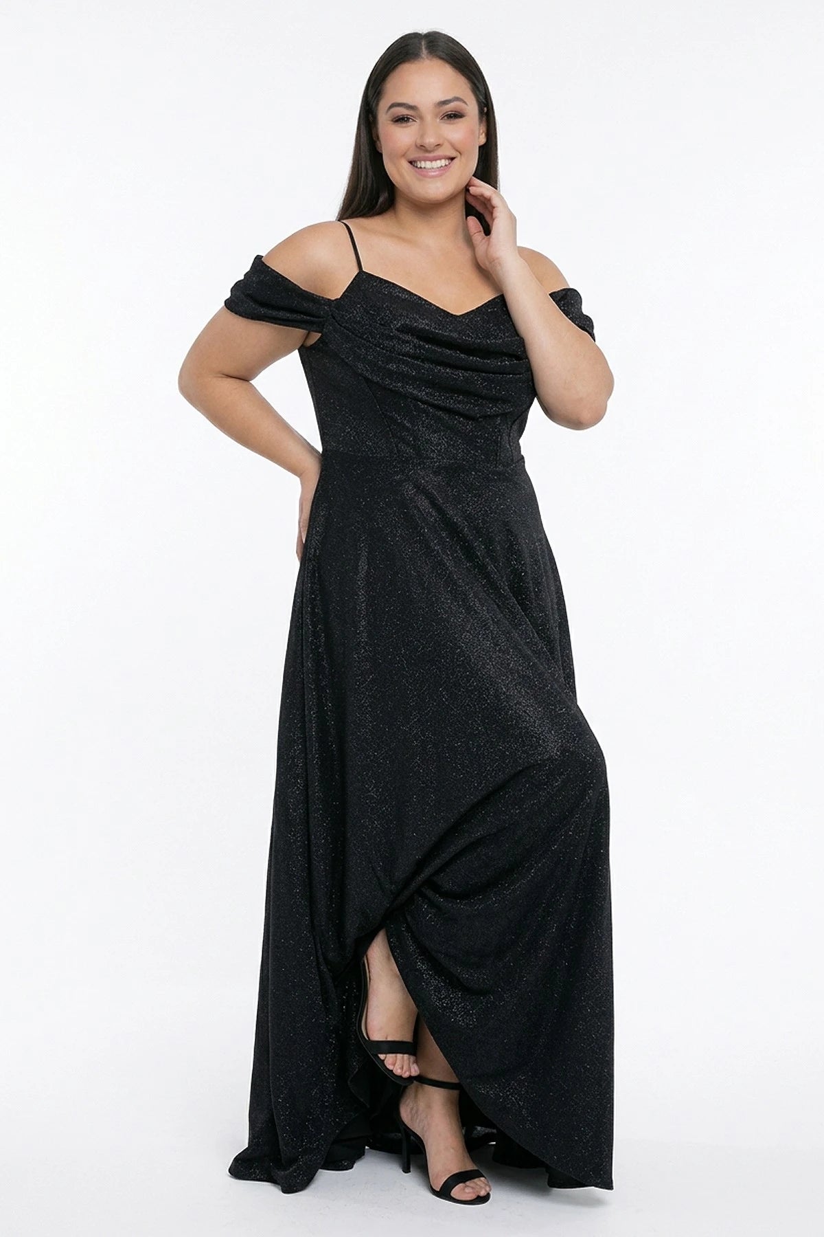 Image of Women's Strappy, Back Lace-Up, Bust Draped, Lined, Underwired, Plus Size Glitter Dress