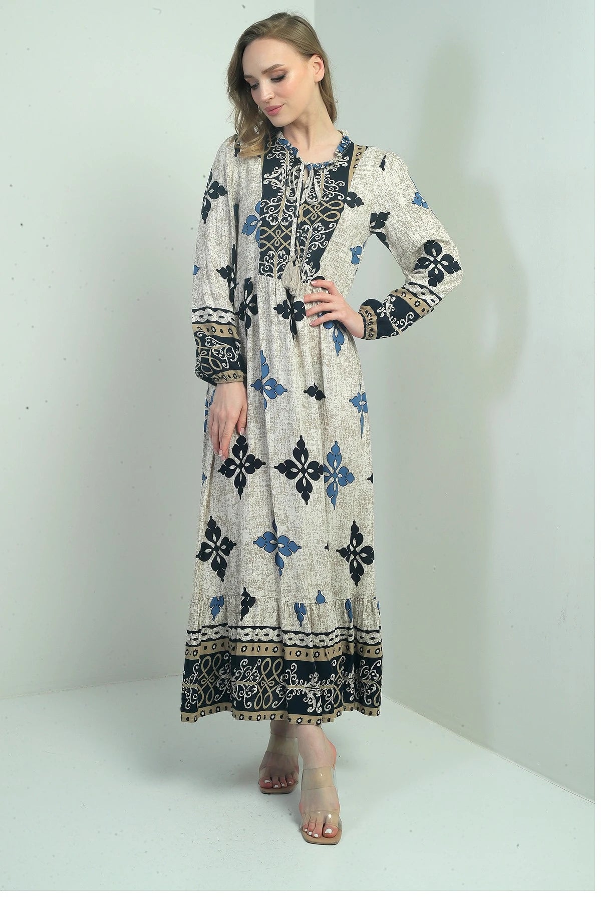 Image of Rochie lungă hijab pentru femei cu model și decolteu etnic