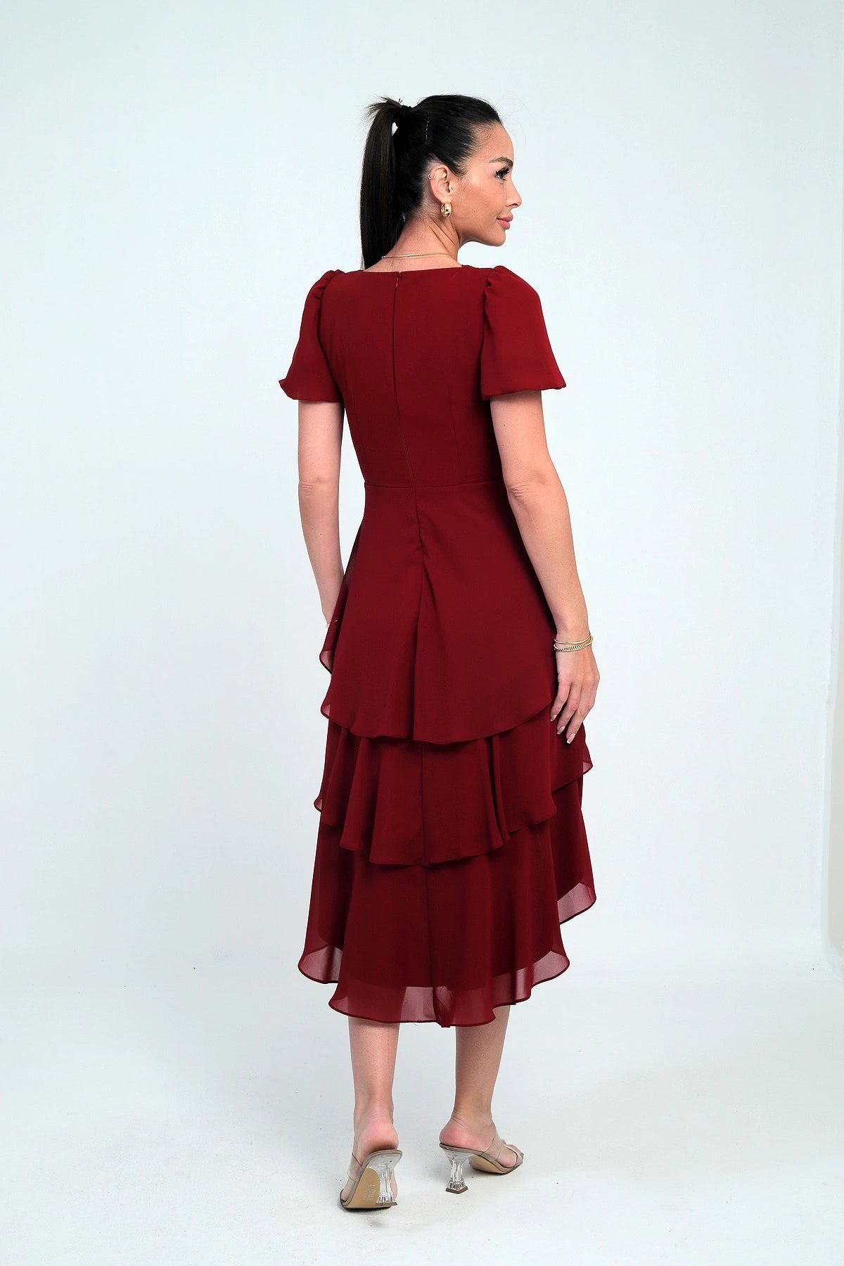 Image of Women's Wrap Neckline Back Zipper Layered Pleated Chiffon Dress