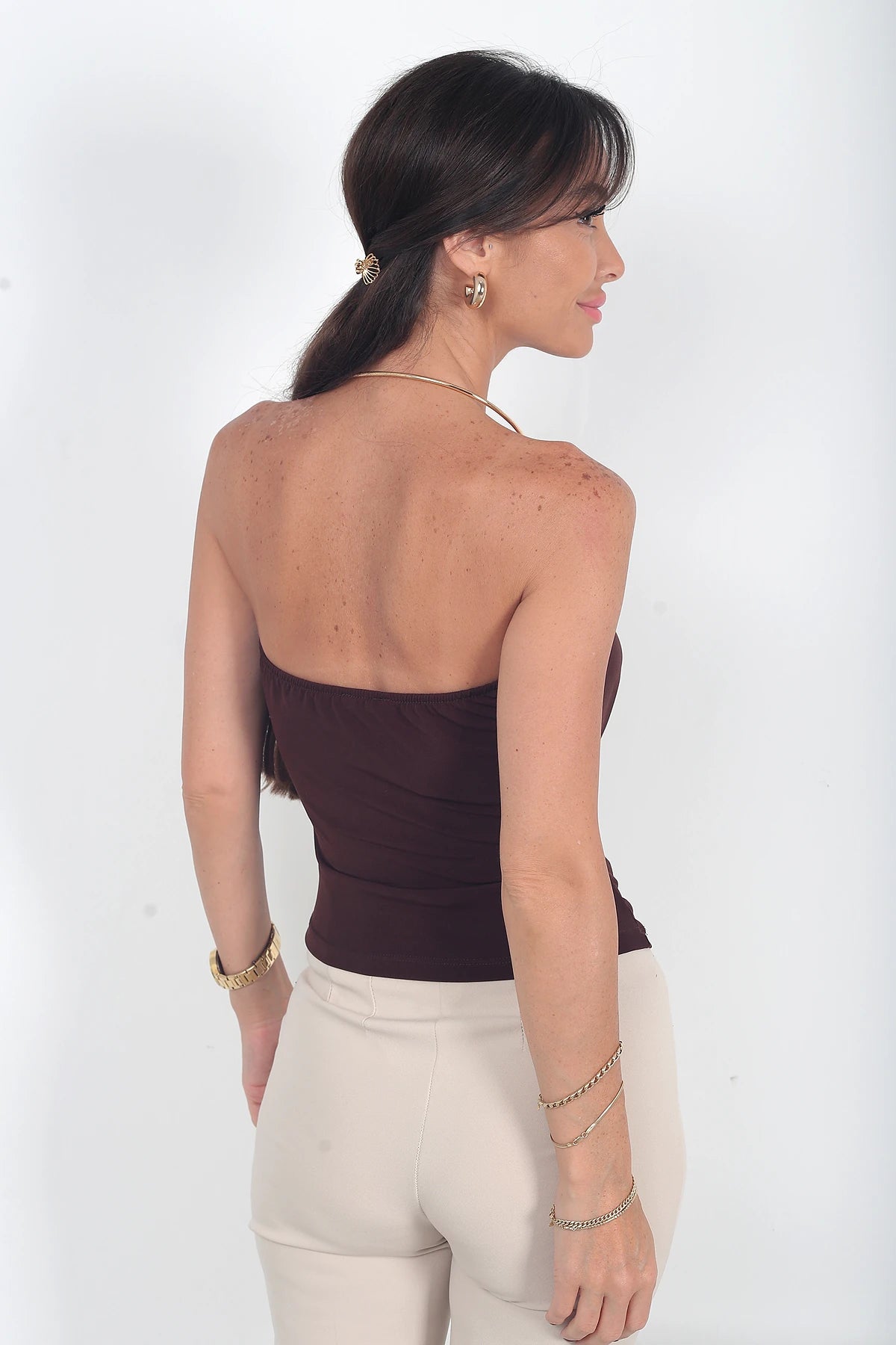 Image of Kadın Halter Yaka Gold Metal Aksesuarlı Likralı Sandy Degaje Bluz