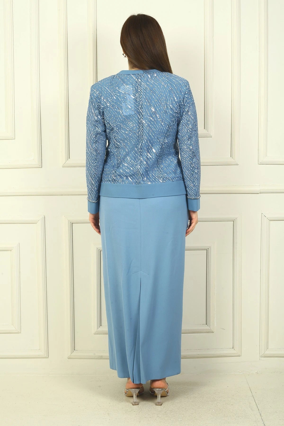 Image of Women's Beaded and Sequin Embellished Tulle Jacket, Half-Moon Sleeve Long Dress, Lined, Plus Size Two-Piece Set