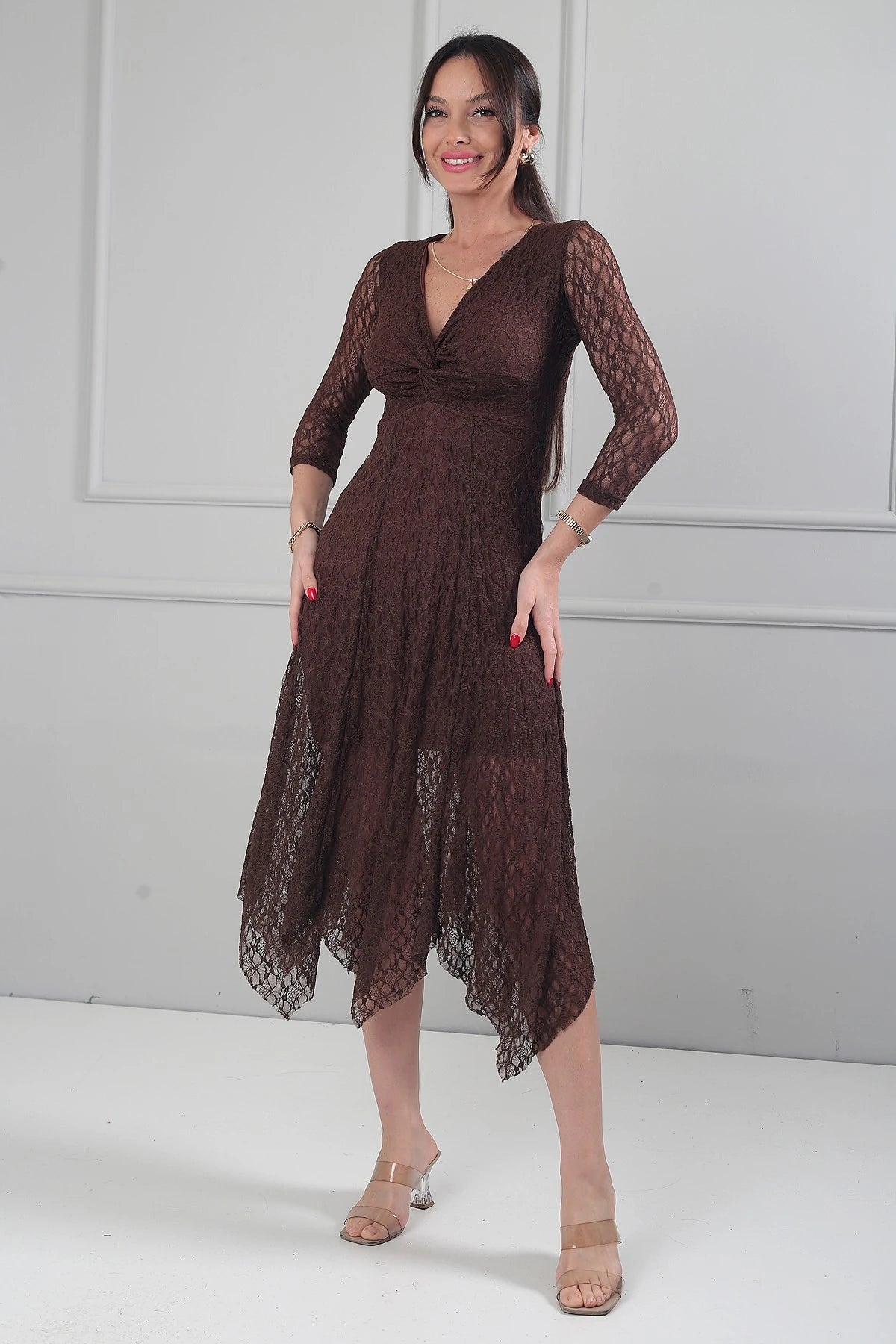 Image of Women's Asymmetrical Lace Midi Dress with Front Knot Detail and Lined Skirt