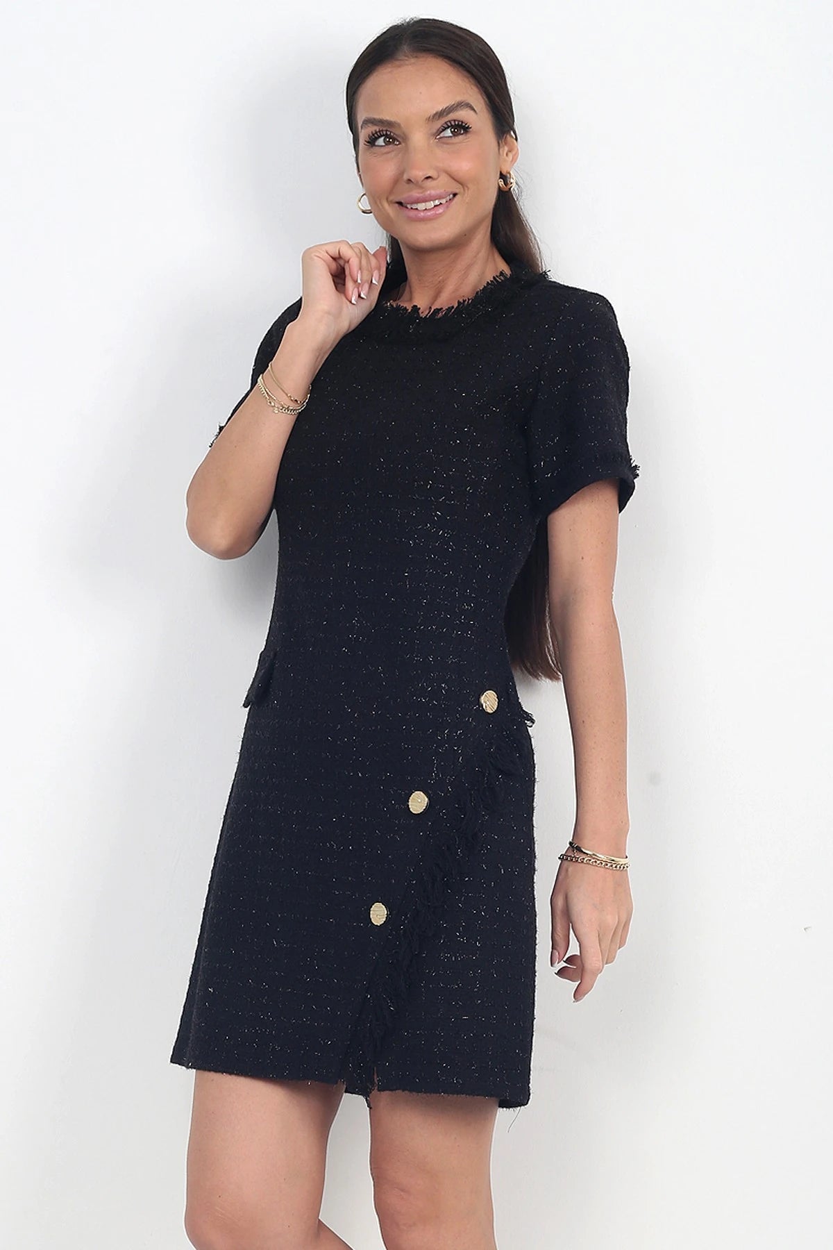 Image of Women's Button Detail Short Sleeve Tassel Chanel Short Dress