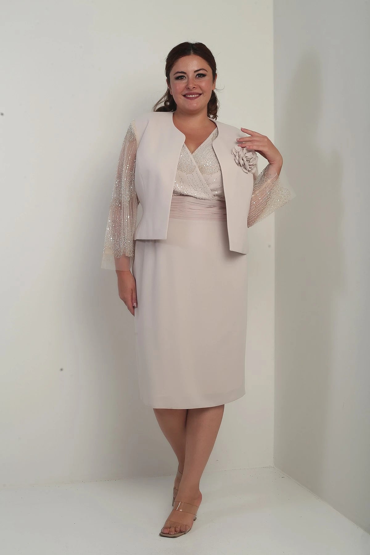 Image of Women's Wrap Neckline Draped Waist Dress with Tulle Sleeves, Lined Jacket with Sequin Details, Plus Size Two-Piece Set