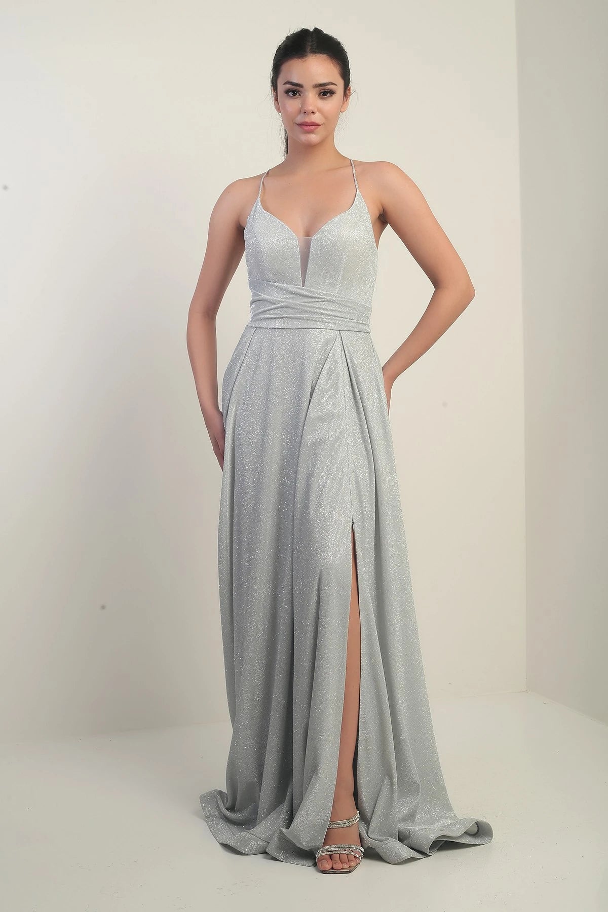 Image of Strappy, Lined, Glittery Long Evening Dress