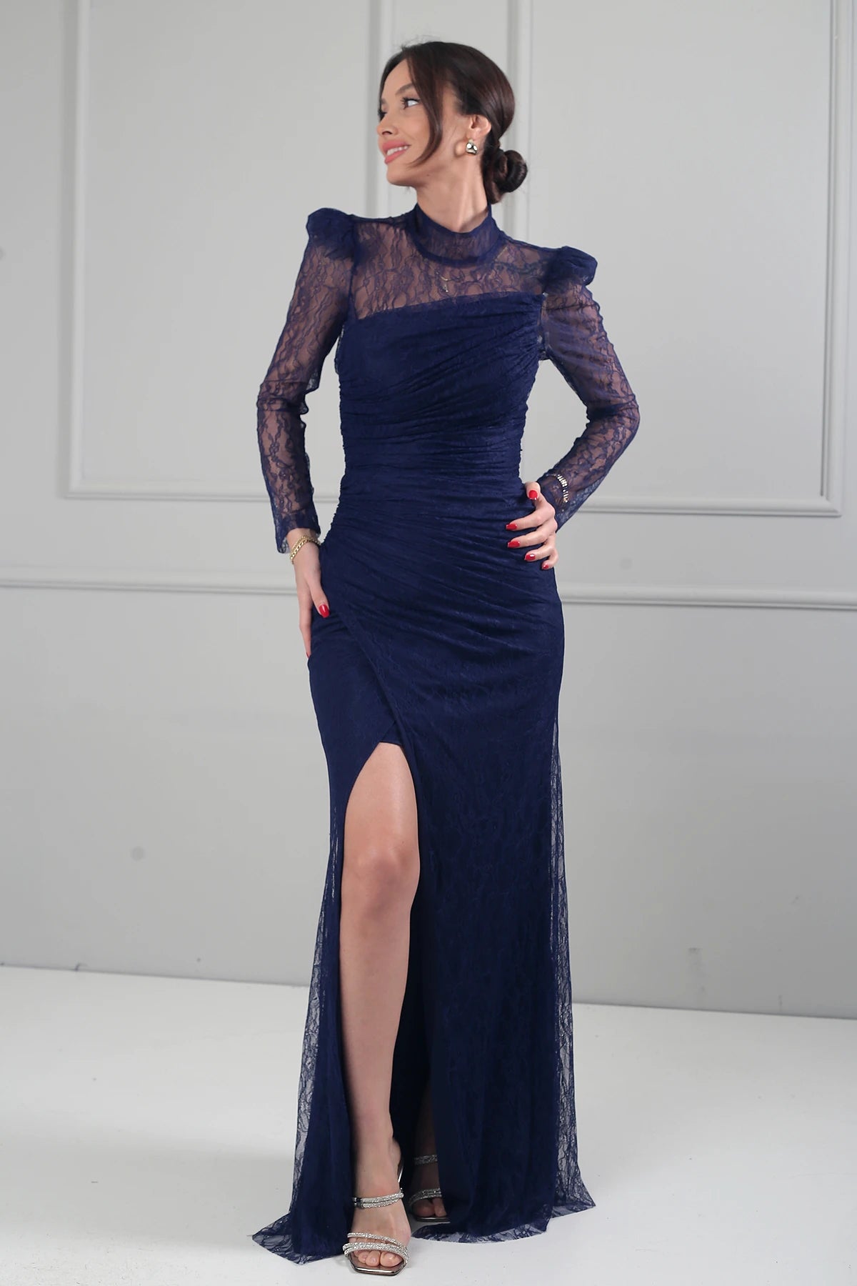 Image of Kadın 3 Parçalı Tasarım Abiye Straplez Önü Büzgülü Astarlı Uzun Elbise Dik Yaka Dantel Bluz