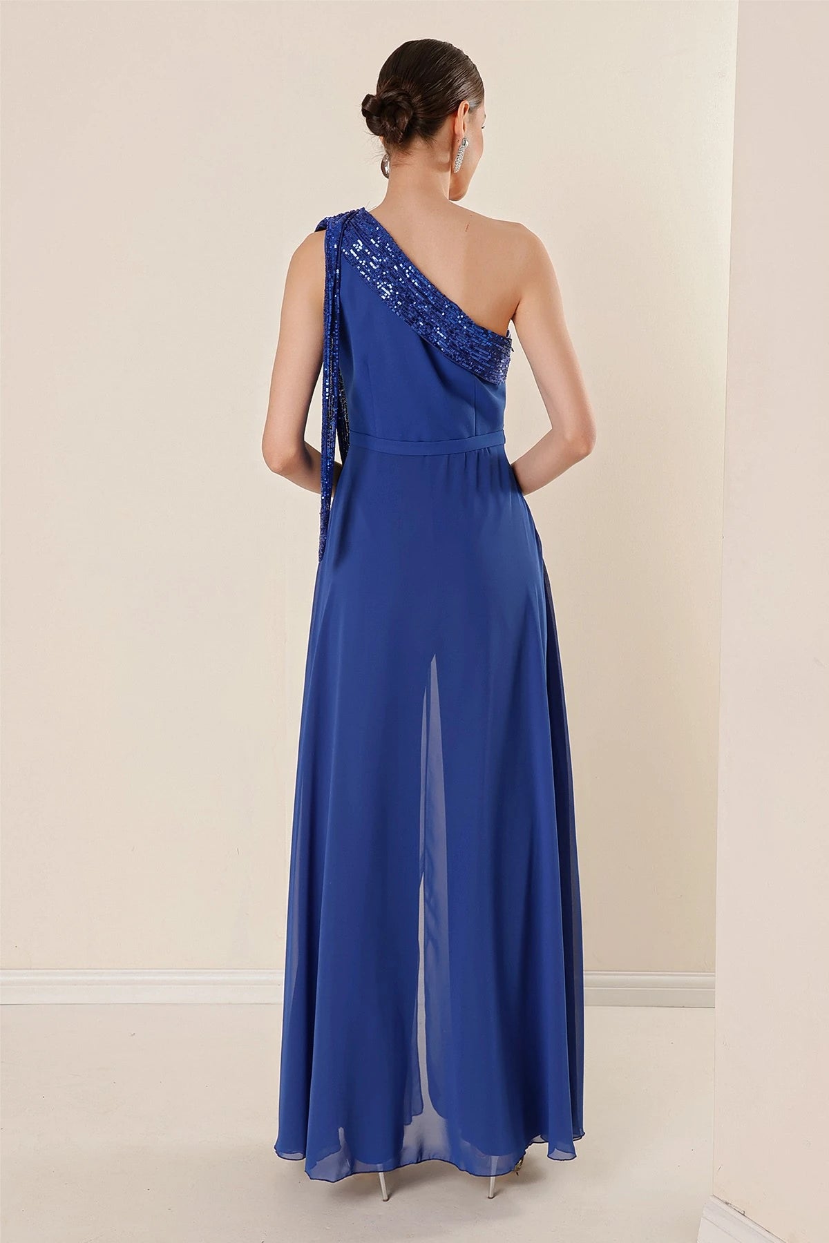 Image of Sequin Collar One-Shoulder Chiffon Crepe Jumpsuit