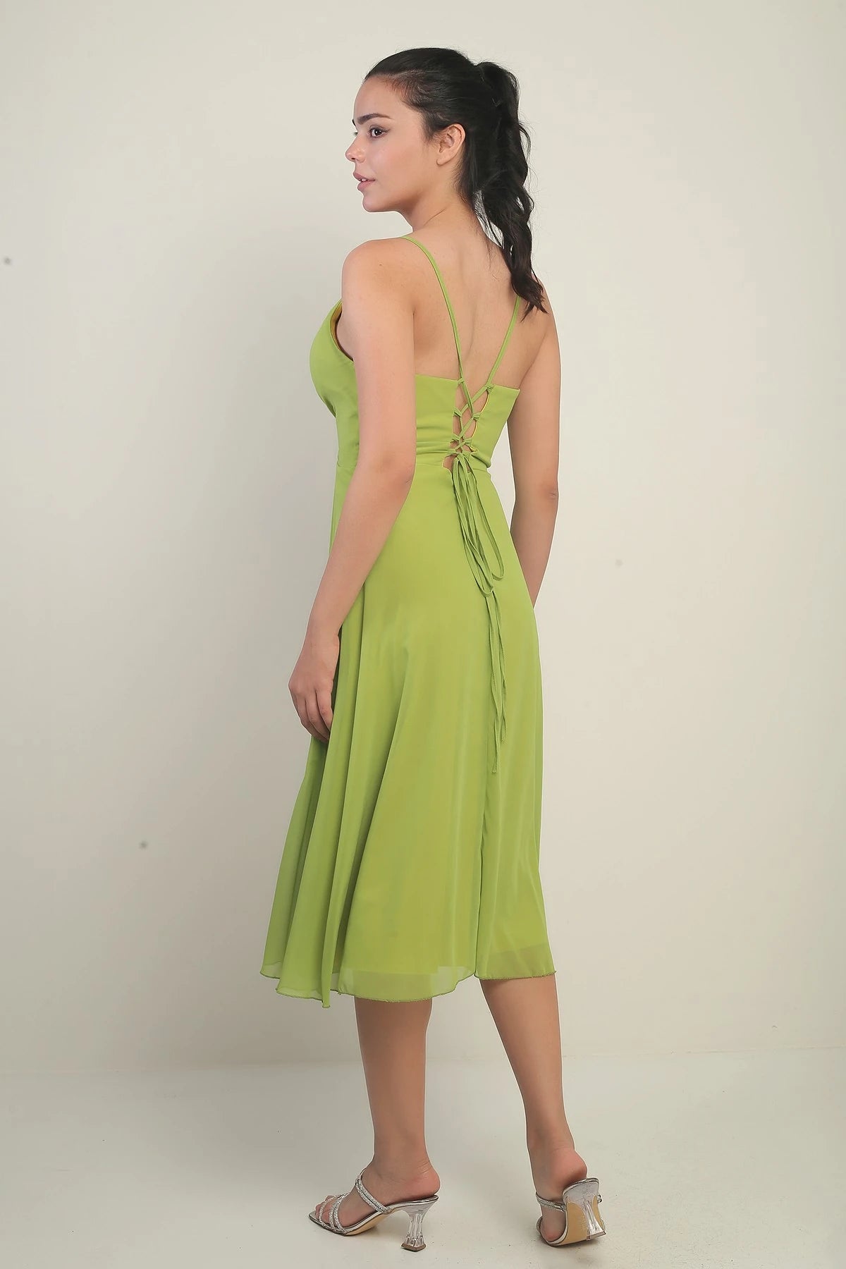 Image of Women's Strappy Wrap Neckline Lined Lace-Up Back Flared Chiffon Dress