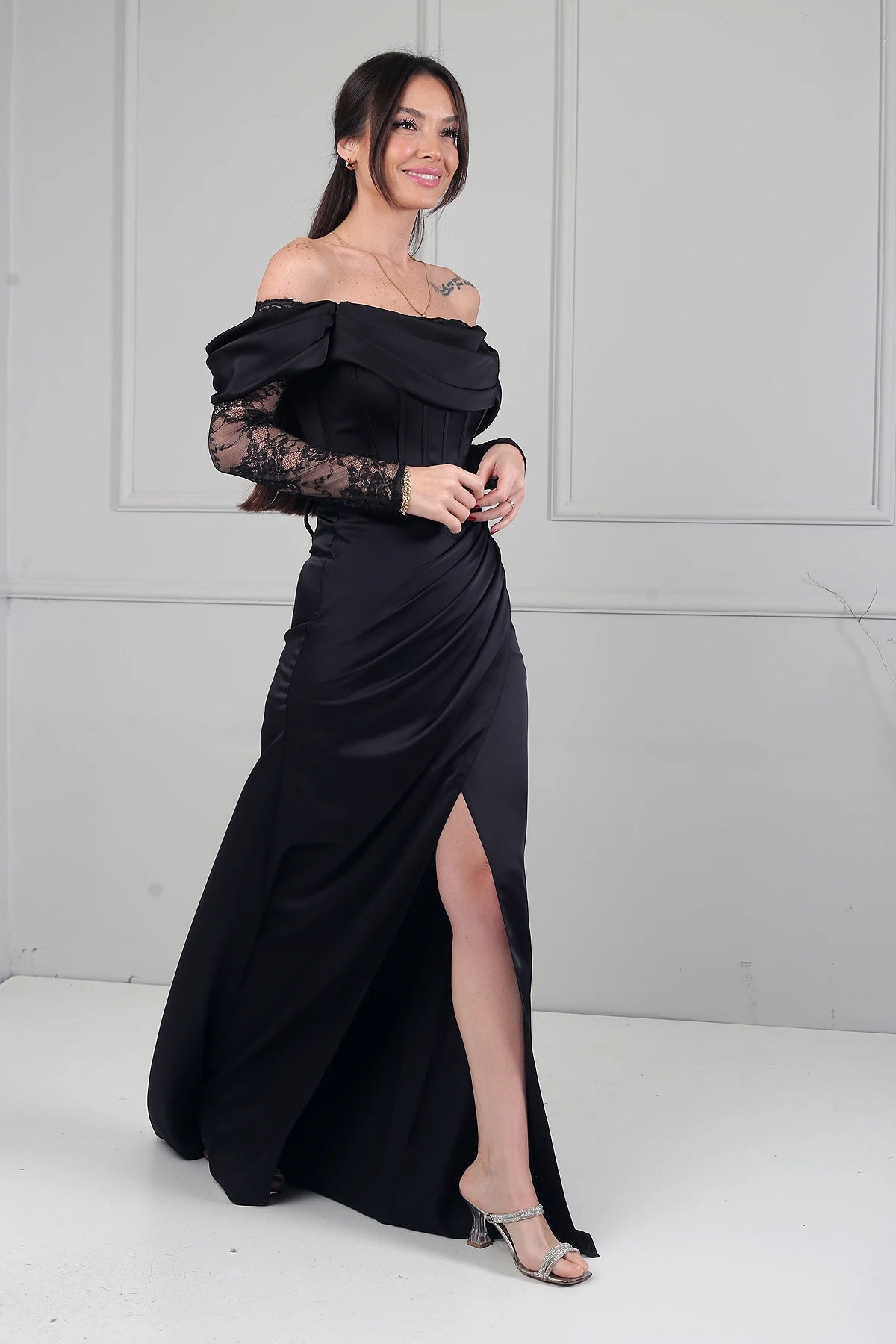 Image of Women's Boat Neck Lace Sleeve Lined Long Satin Dress