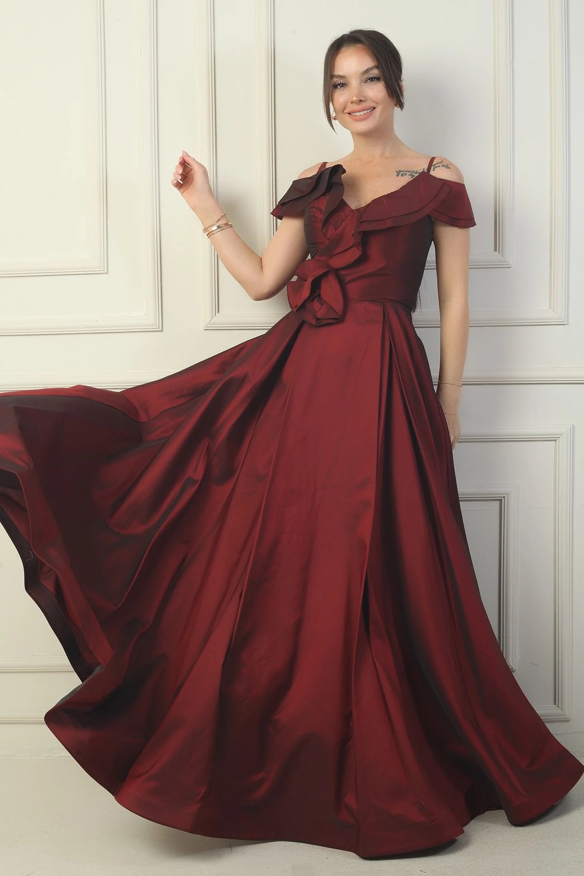 Image of Women's Strappy Boat Neck Long Taffeta Evening Dress with Rose Detail, Lined, and Pockets