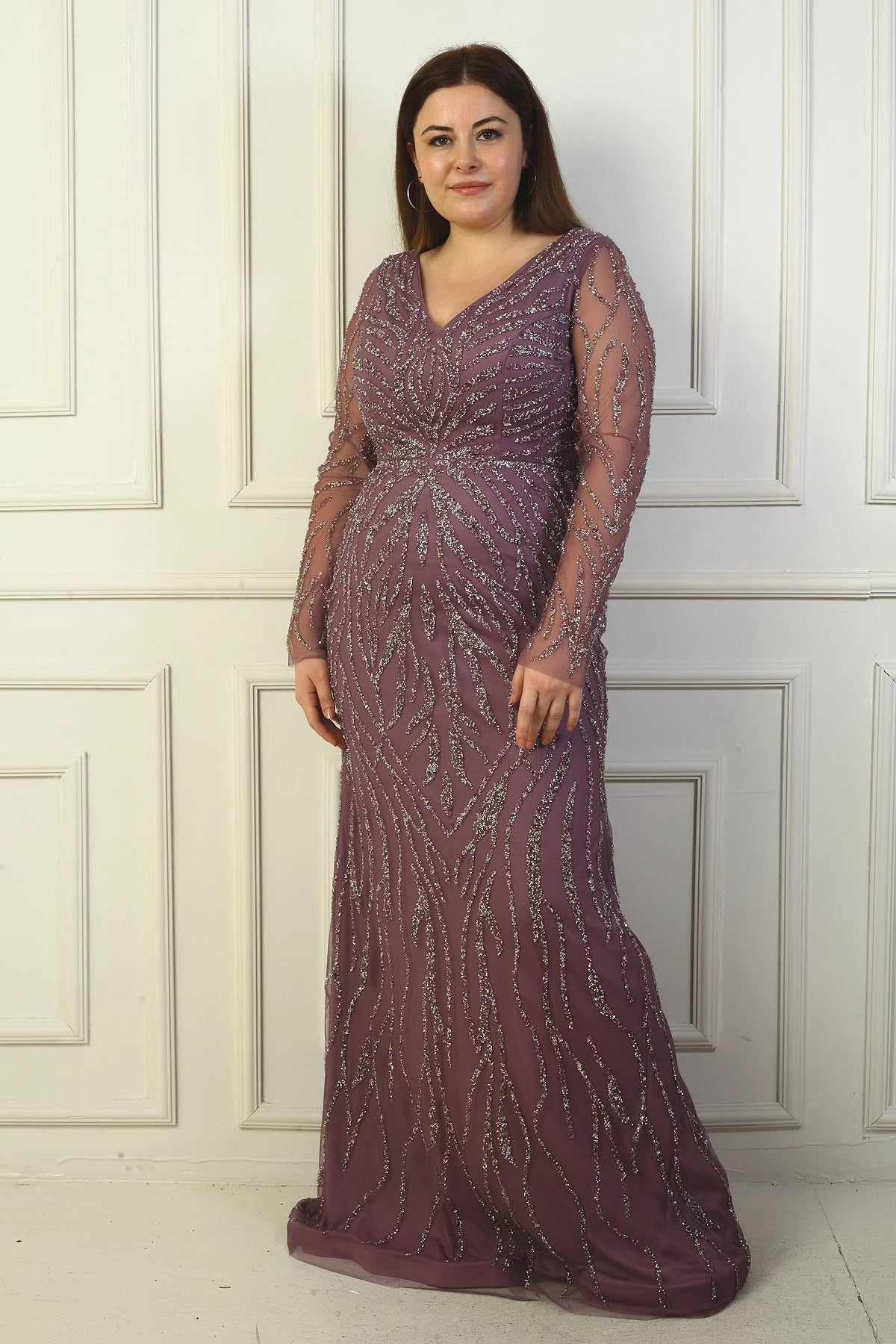 Image of Front and Back V-Neck, Tulle Sleeves, Lined, Embellished Long Plus Size Dress