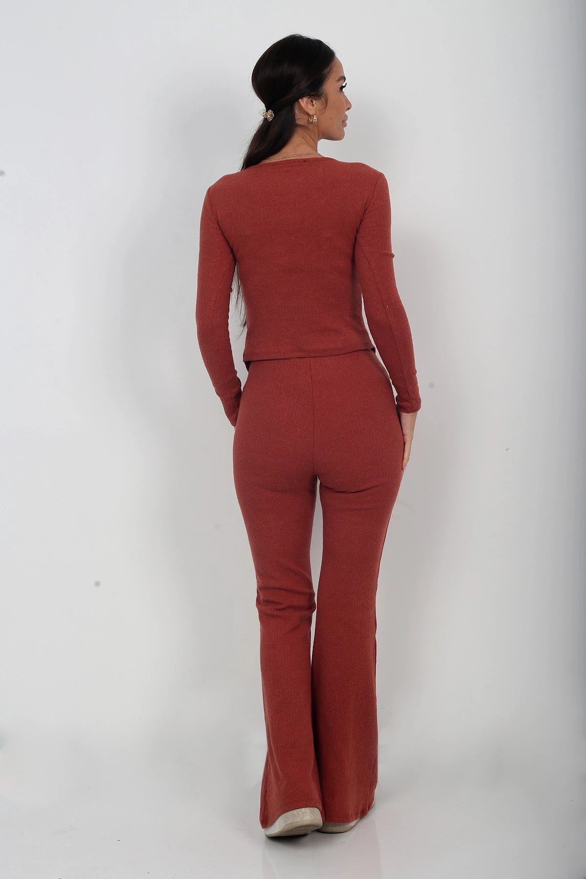 Image of Women's Gold Buttoned Long-Sleeve Blouse and Elastic Waist Wide-Leg Trousers 2-Piece Set