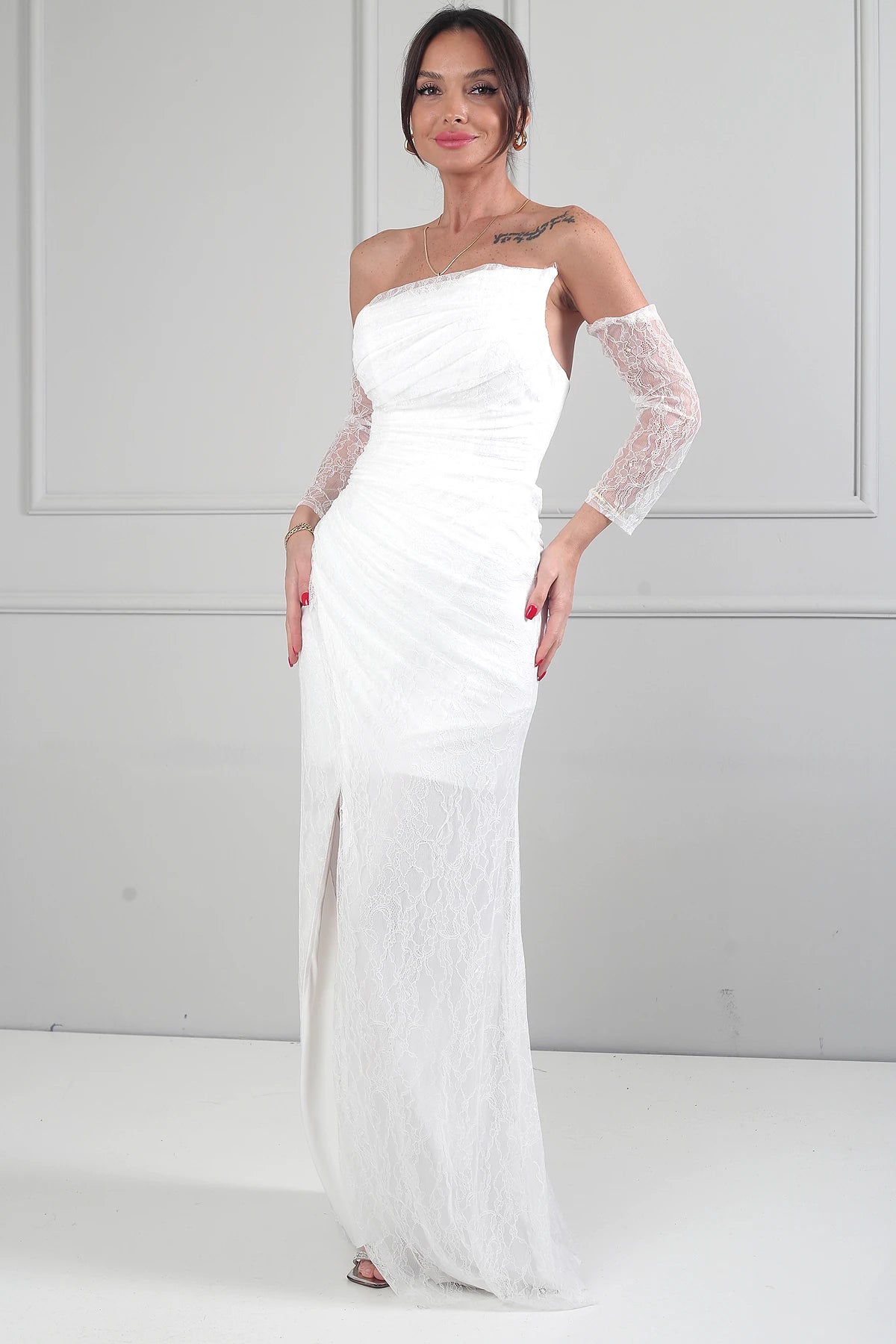 Image of Kadın 3 Parçalı Tasarım Abiye Straplez Önü Büzgülü Astarlı Uzun Elbise Dik Yaka Dantel Bluz