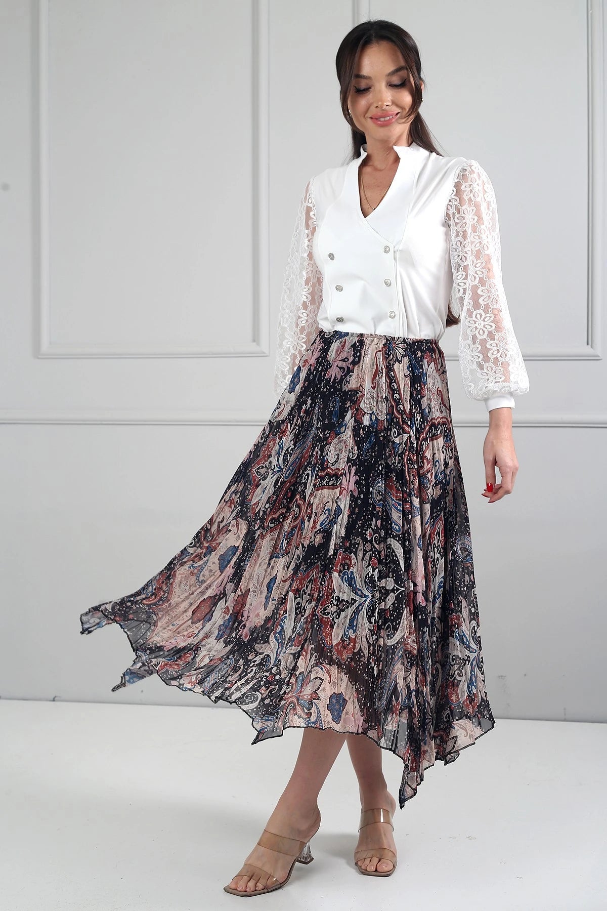 Image of Women's Elastic Waist Lined Shawl Patterned Triangle Midi Skirt