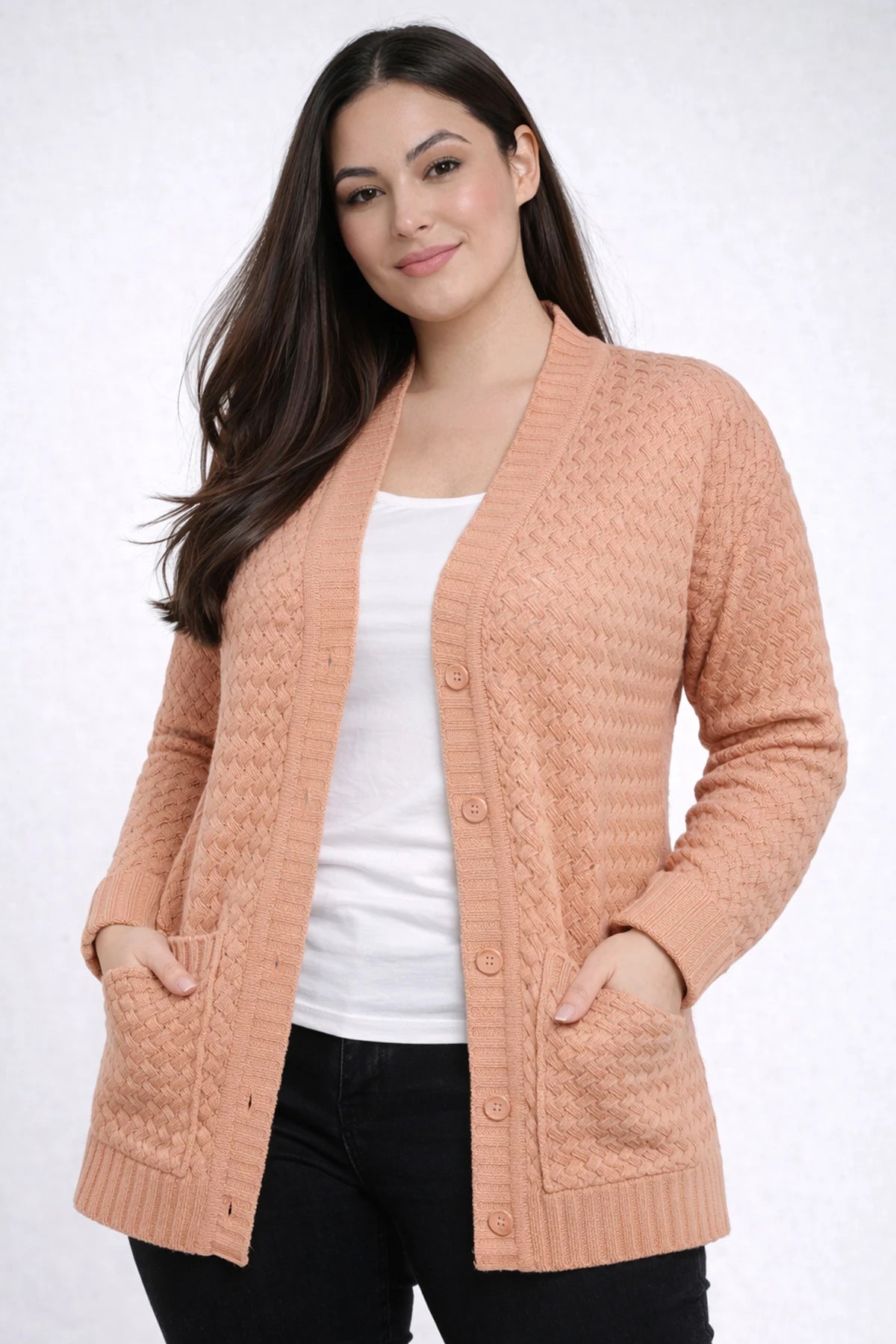 Image of Women's Basket Weave Pattern Pocketed Tunic Cardigan