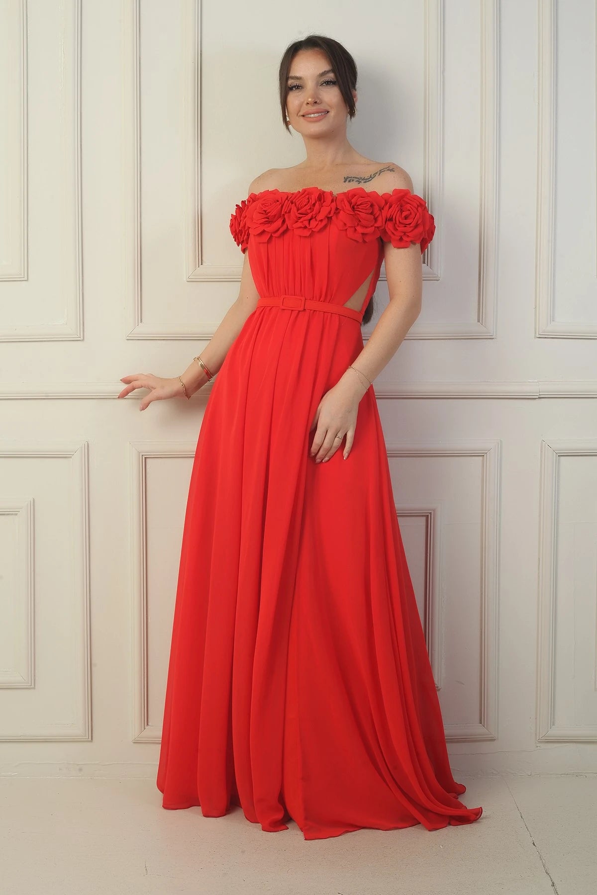 Image of Women's Long Chiffon Dress with Laser-Cut Floral Neckline and Lining, Belted Waist