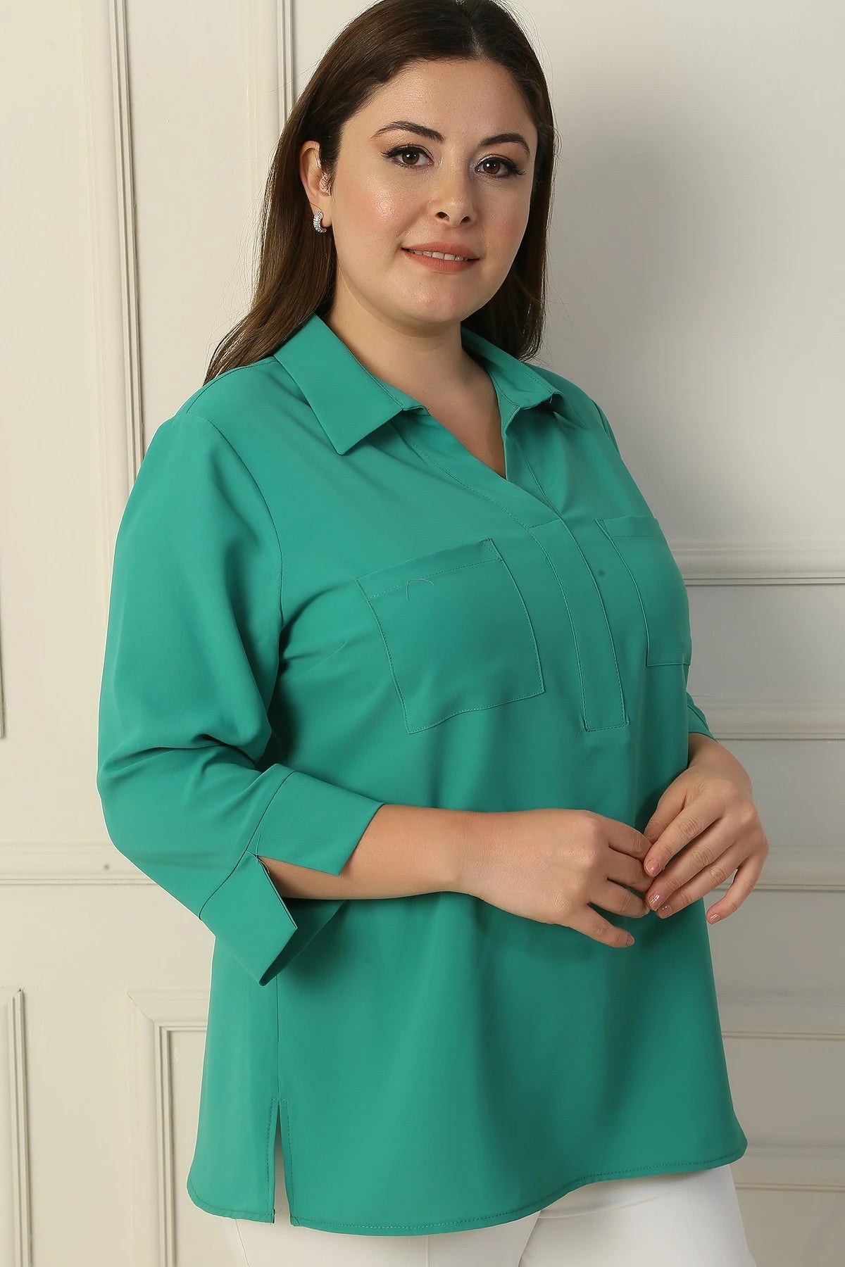 Image of Polo Collar Pocketed Quarter Sleeve BB Blouse