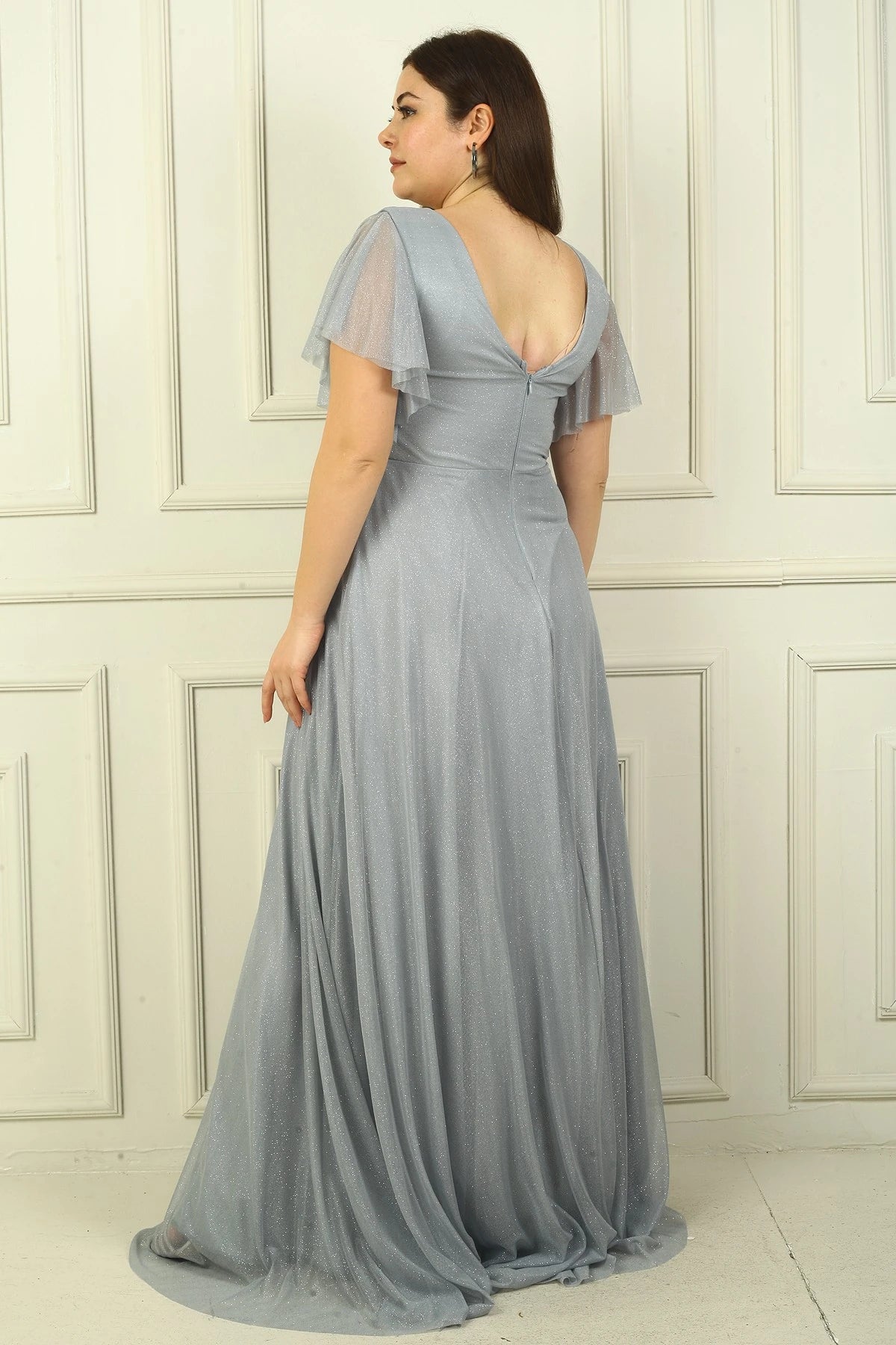 Image of Women's Front and Back V-Neck Waist Embellished, Lined, Glittery Plus Size Evening Dress
