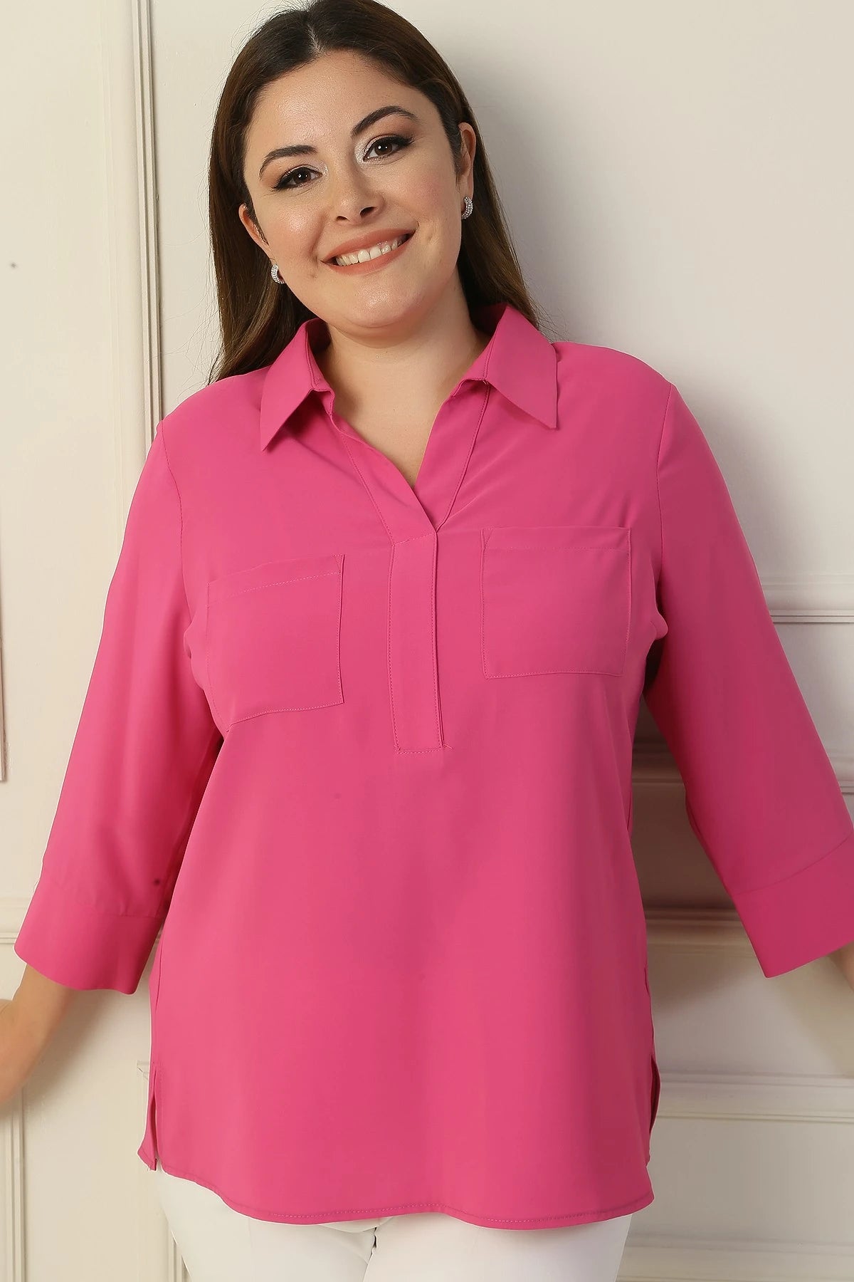 Image of Polo Collar Pocketed Quarter Sleeve BB Blouse