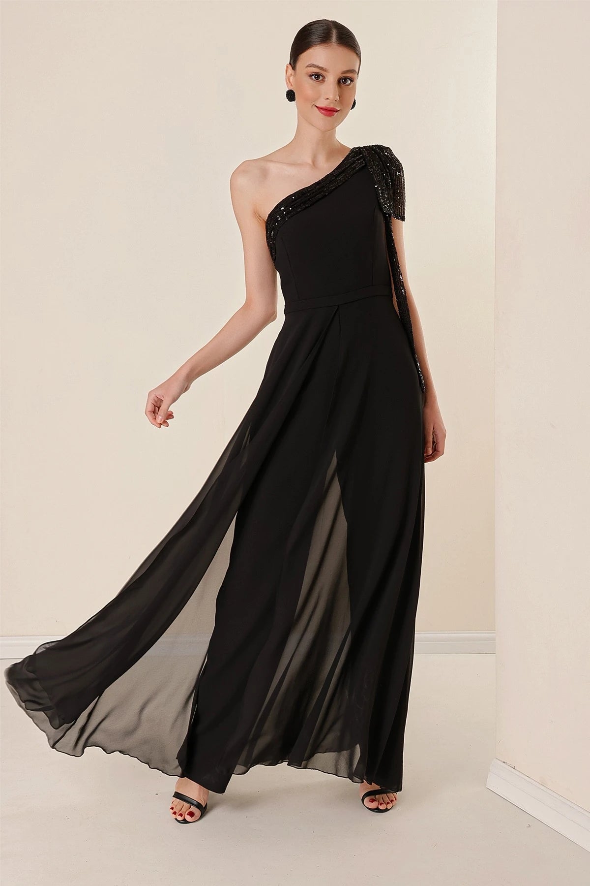 Image of Sequin Collar One-Shoulder Chiffon Crepe Jumpsuit