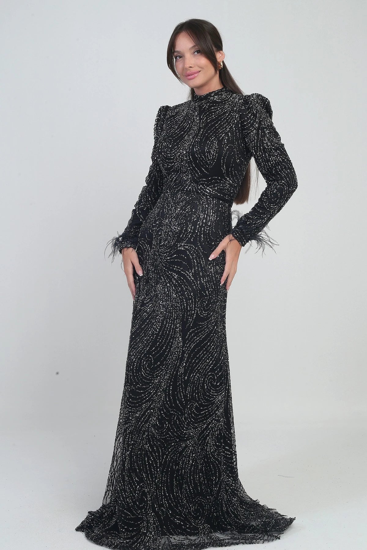 Image of Women's Long Tulle Dress with Feathered Sleeves, Beads and Sequins, and Lining
