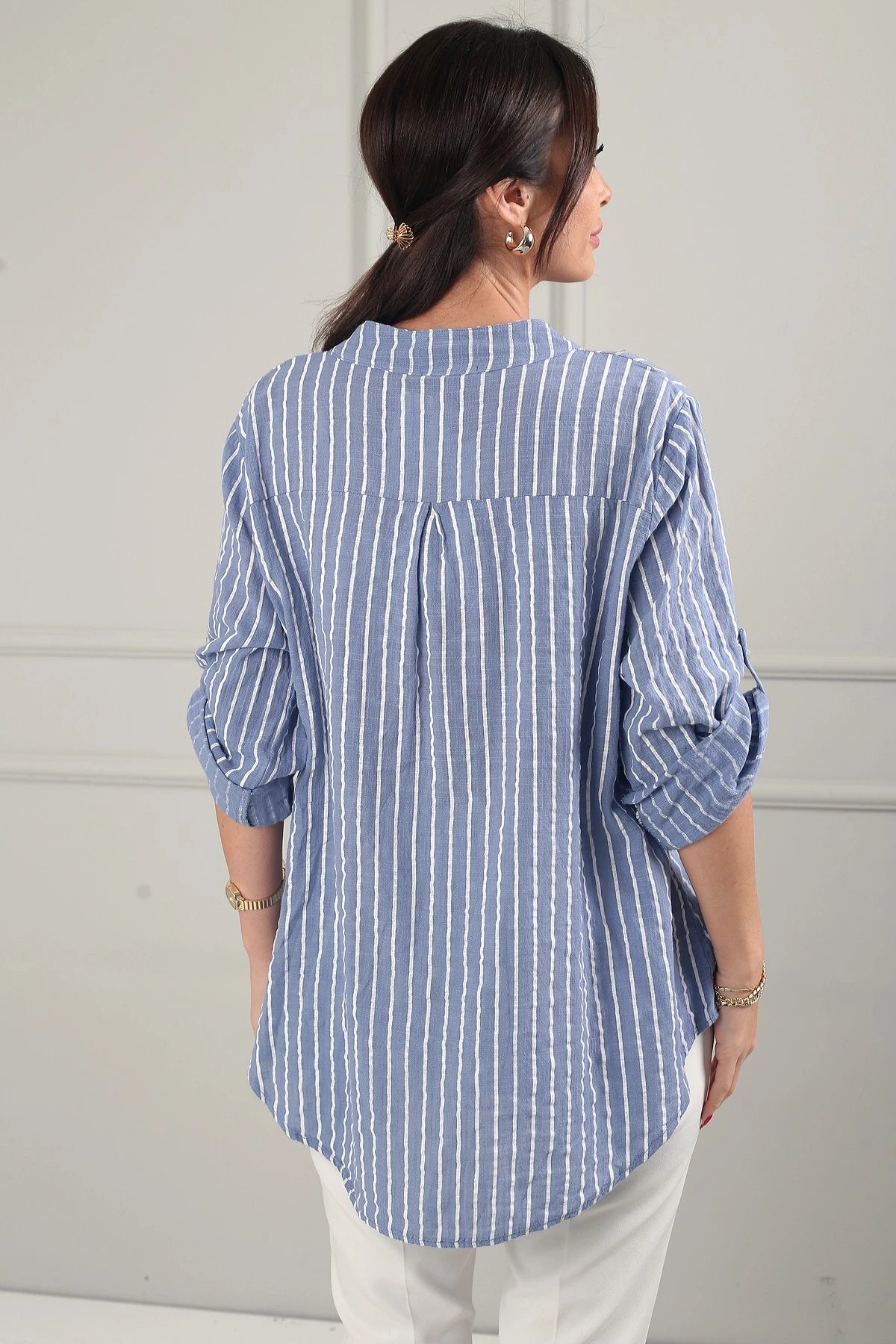 Image of Women's Single Pocket Striped Imported Linen Shirt