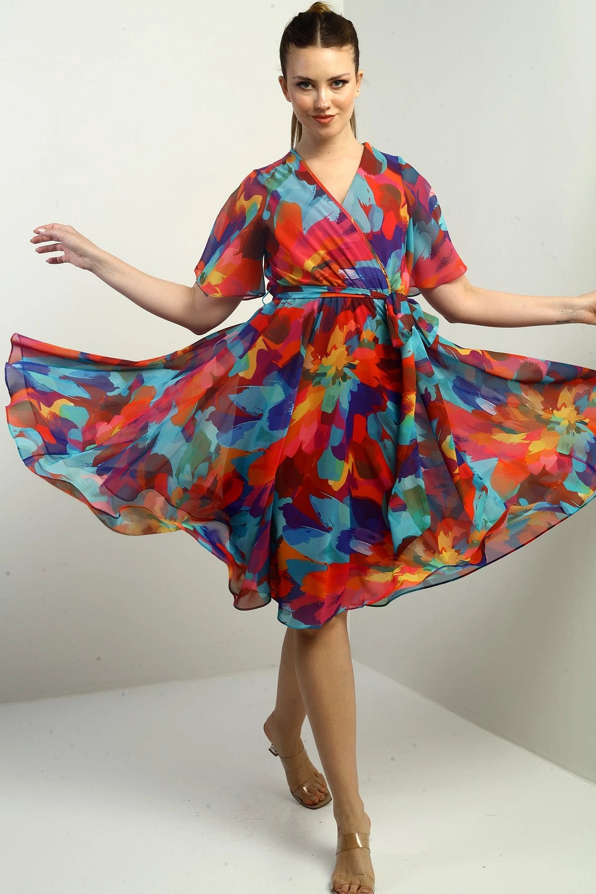 Image of Women's Wrap Neckline Lined Chiffon Rainbow Dress with Belt