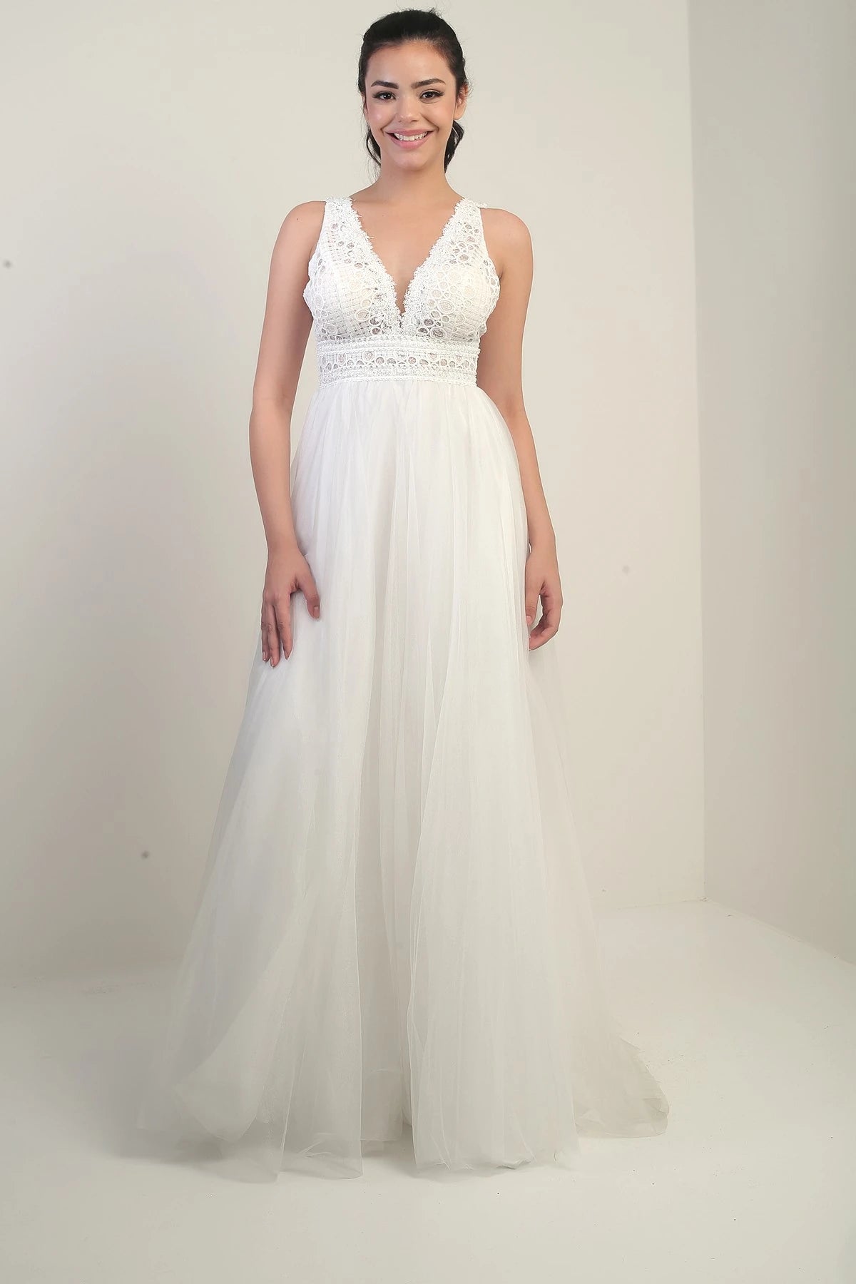 Image of Women's V-Neck Thick Strap Lined Long Princess Gown with Lace and Tulle Embellishments