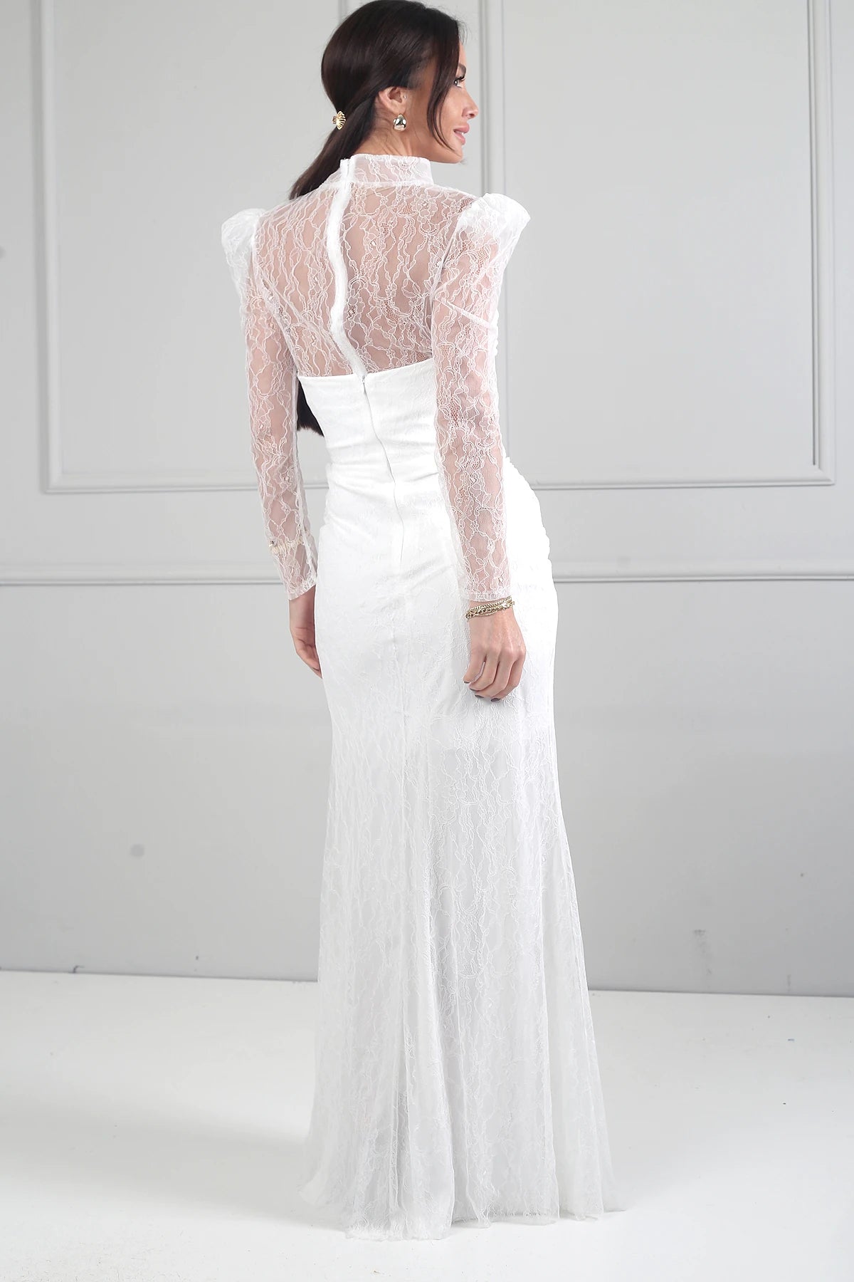 Image of Kadın 3 Parçalı Tasarım Abiye Straplez Önü Büzgülü Astarlı Uzun Elbise Dik Yaka Dantel Bluz