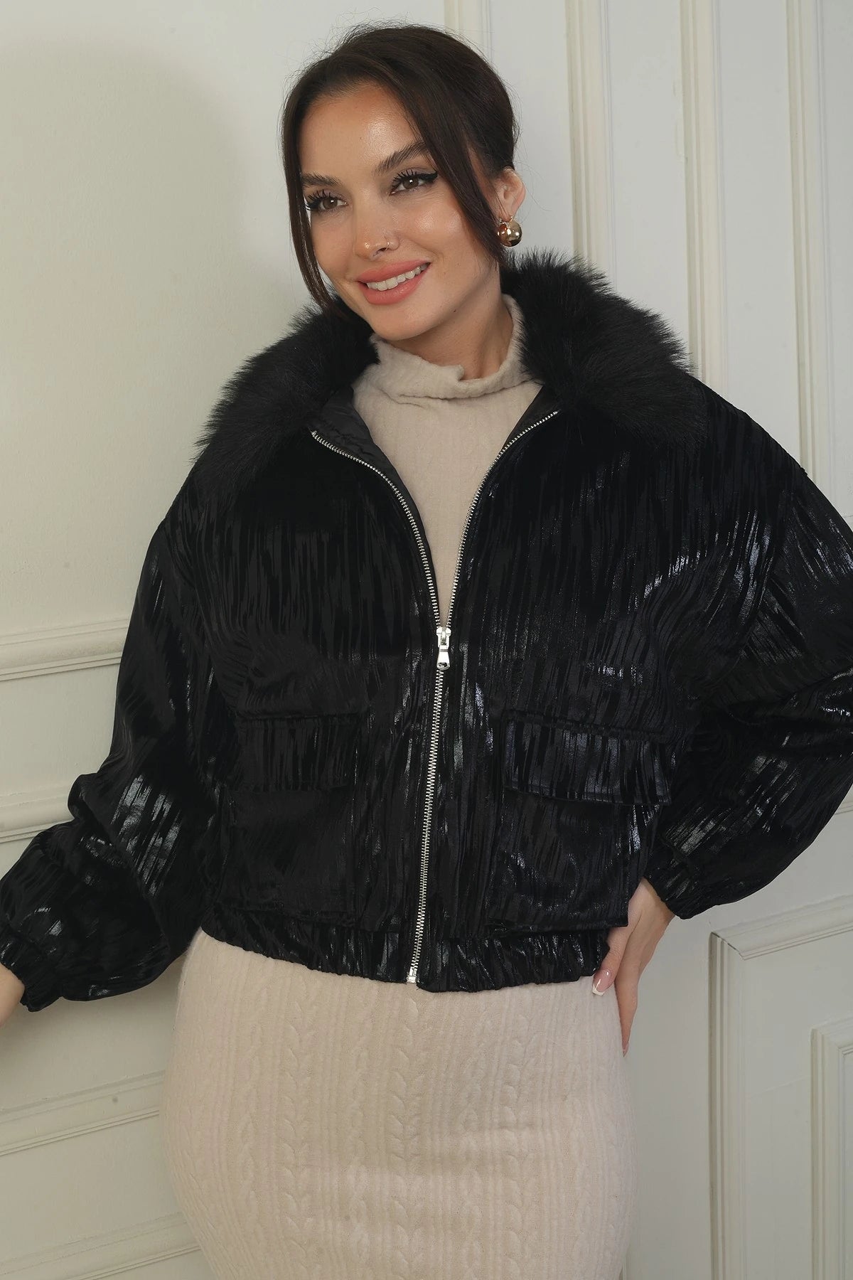 Image of Women's Fur-Collared, Zip-Front, Lined Zigzag Pattern Coat