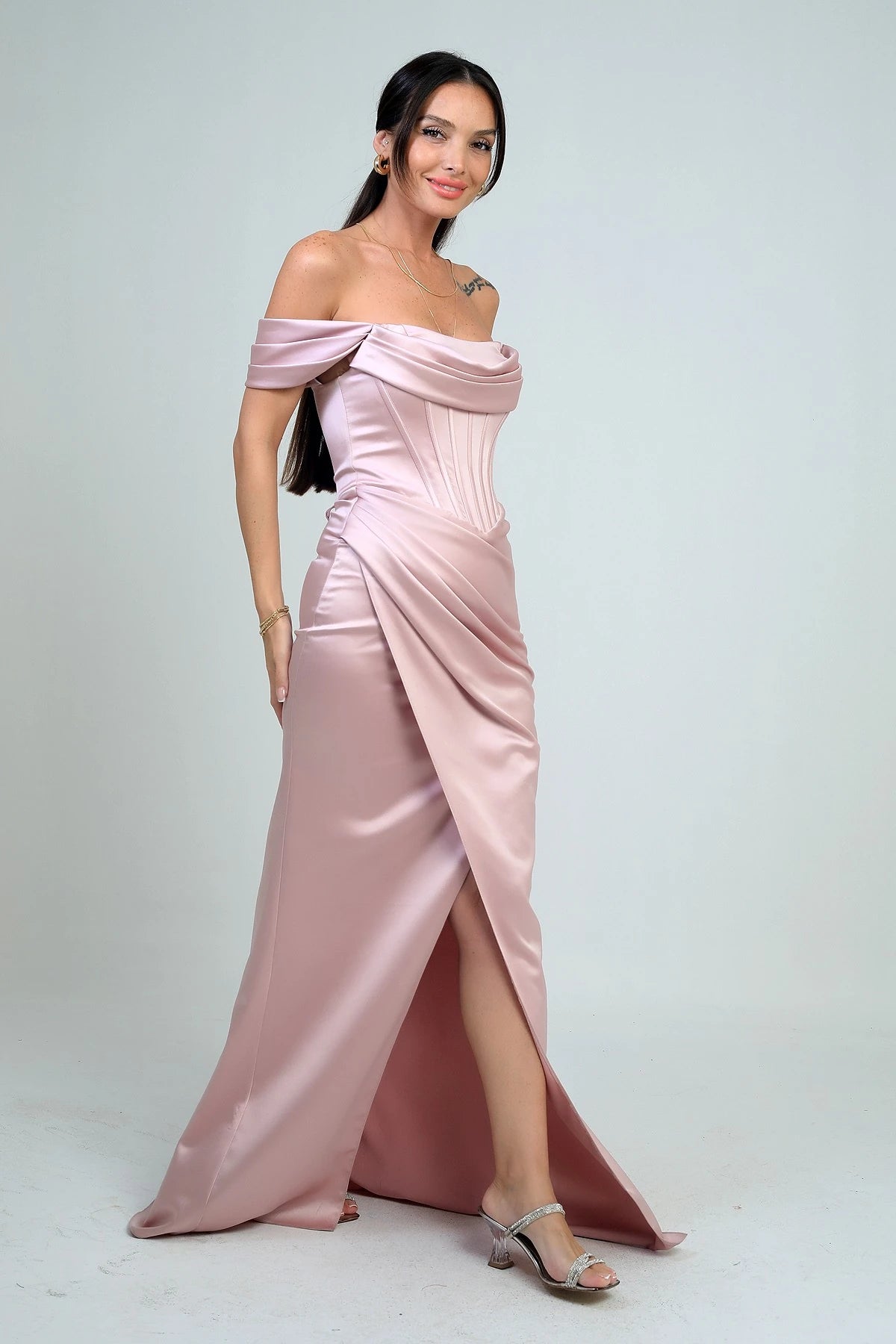 Image of Women's Strapless Low-Sleeve Lined Underwired Satin Long Dress