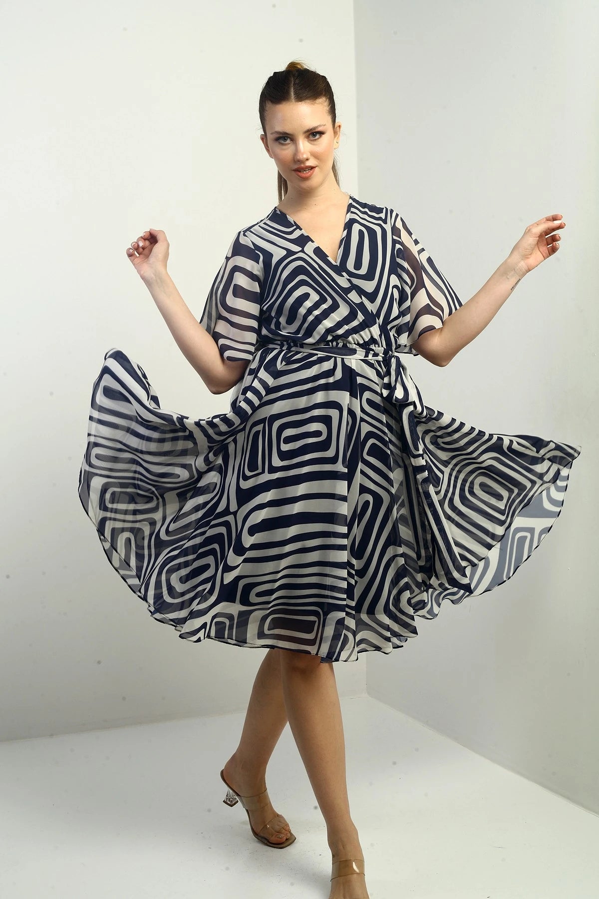 Image of Women's Wrap Neckline Belted Lined Geometric Pattern Chiffon Dress