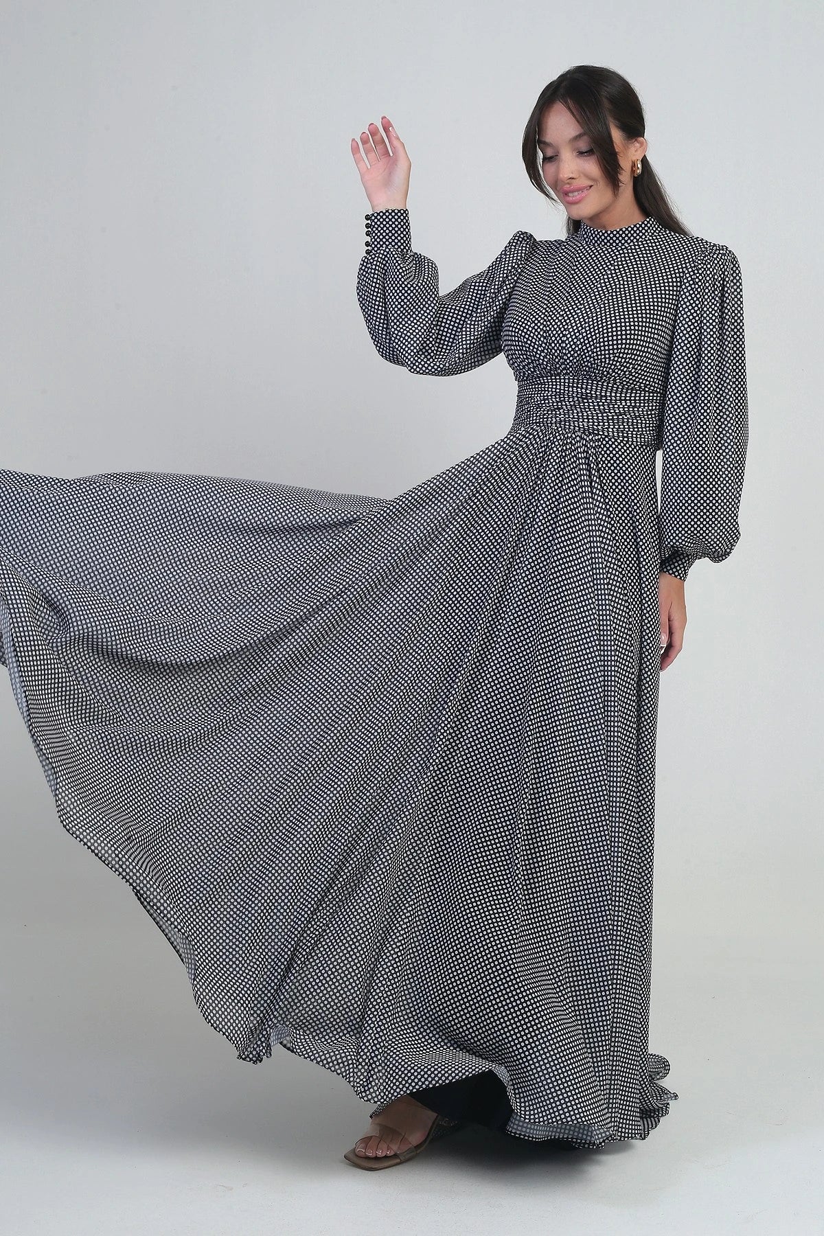 Image of Women's Long Chiffon Dress with Draped Front and Polka Dot Pattern.
