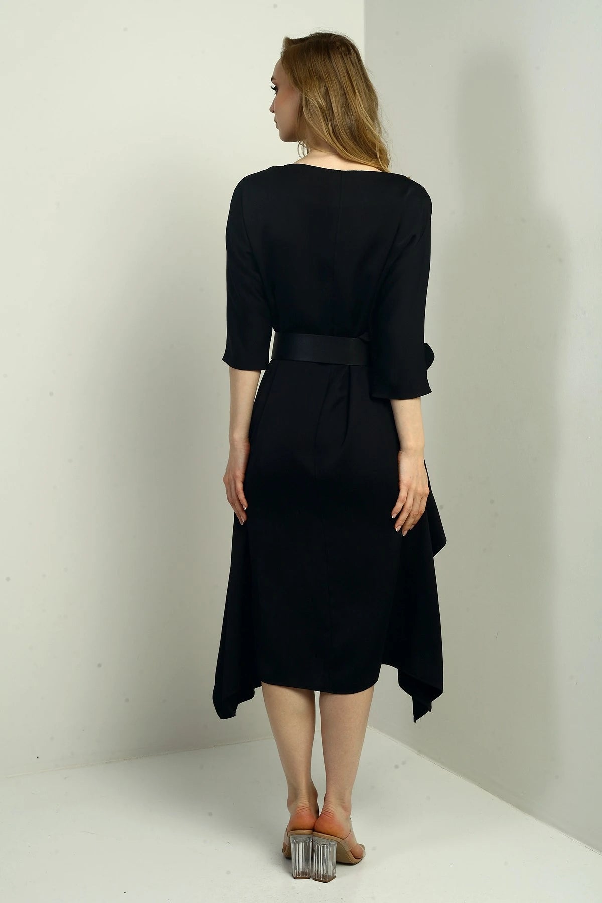 Image of Women's Quarter Sleeve Asymmetrical Crepe Satin Midi Dress with Belted Waist