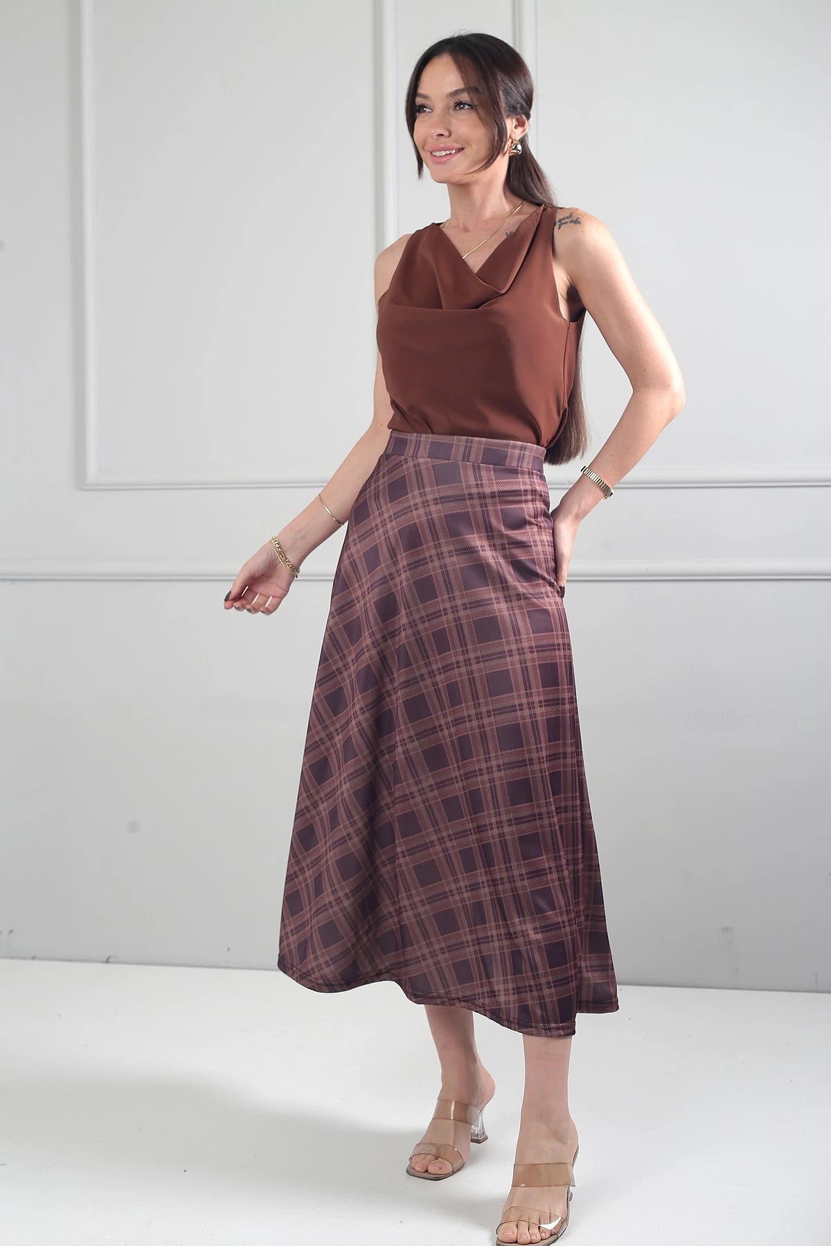 Image of Women's Elastic Waist Plaid Viscose Satin Lycra Long Skirt