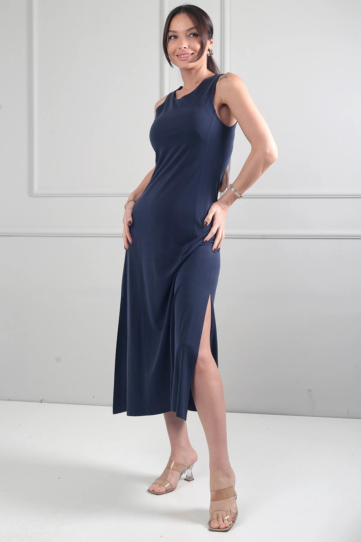 Image of Women's Round Neck Long Dress with Side Slits and Lycra Fabric