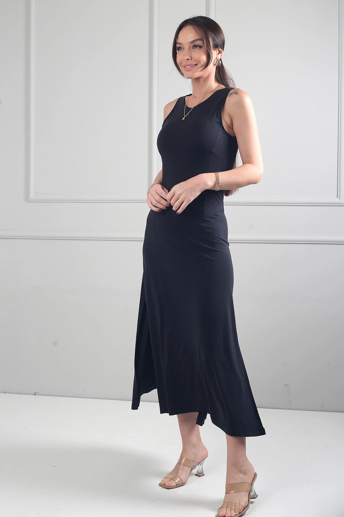 Image of Women's Round Neck Long Dress with Side Slits and Lycra Fabric