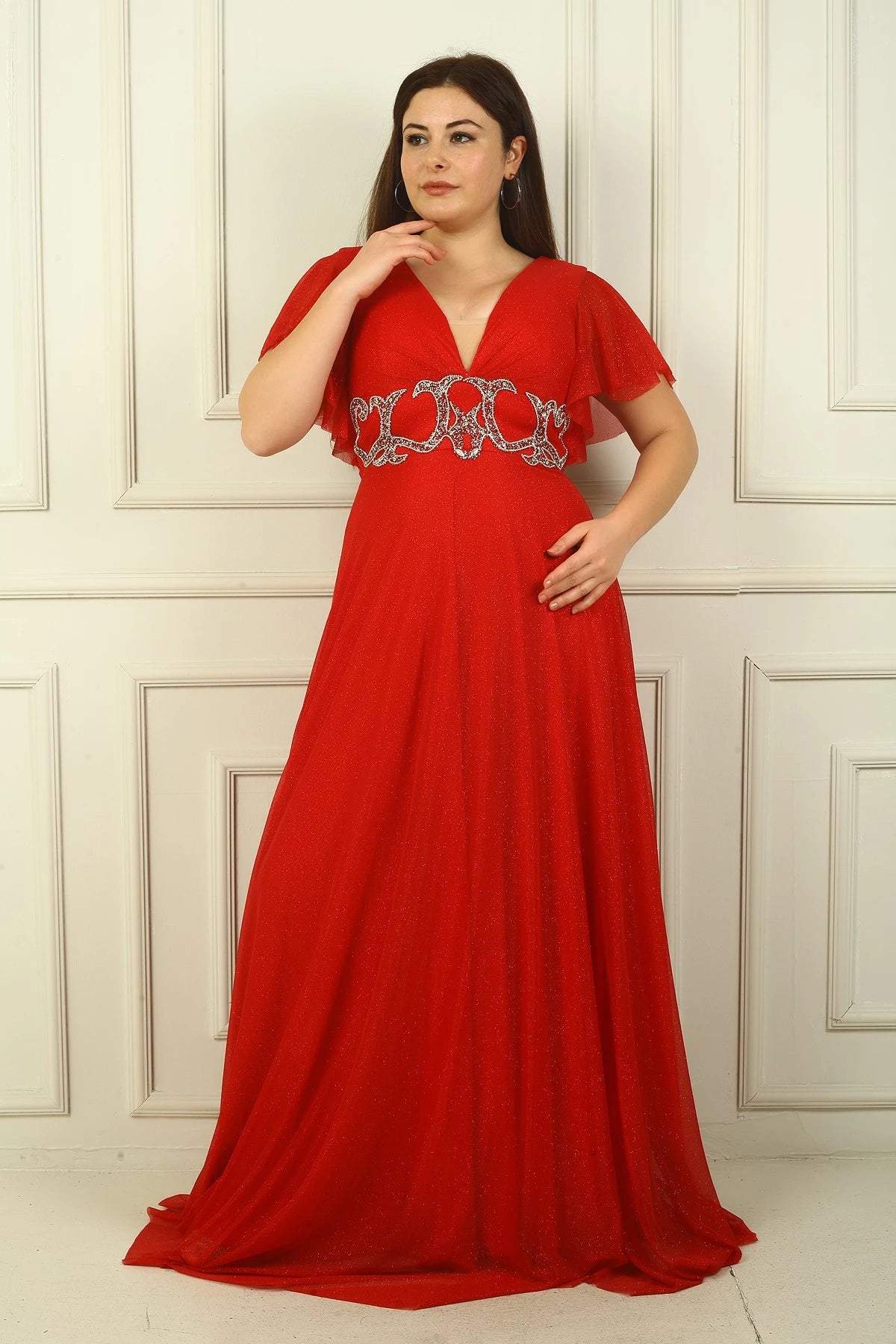Image of Women's Front and Back V-Neck Waist Embellished, Lined, Glittery Plus Size Evening Dress