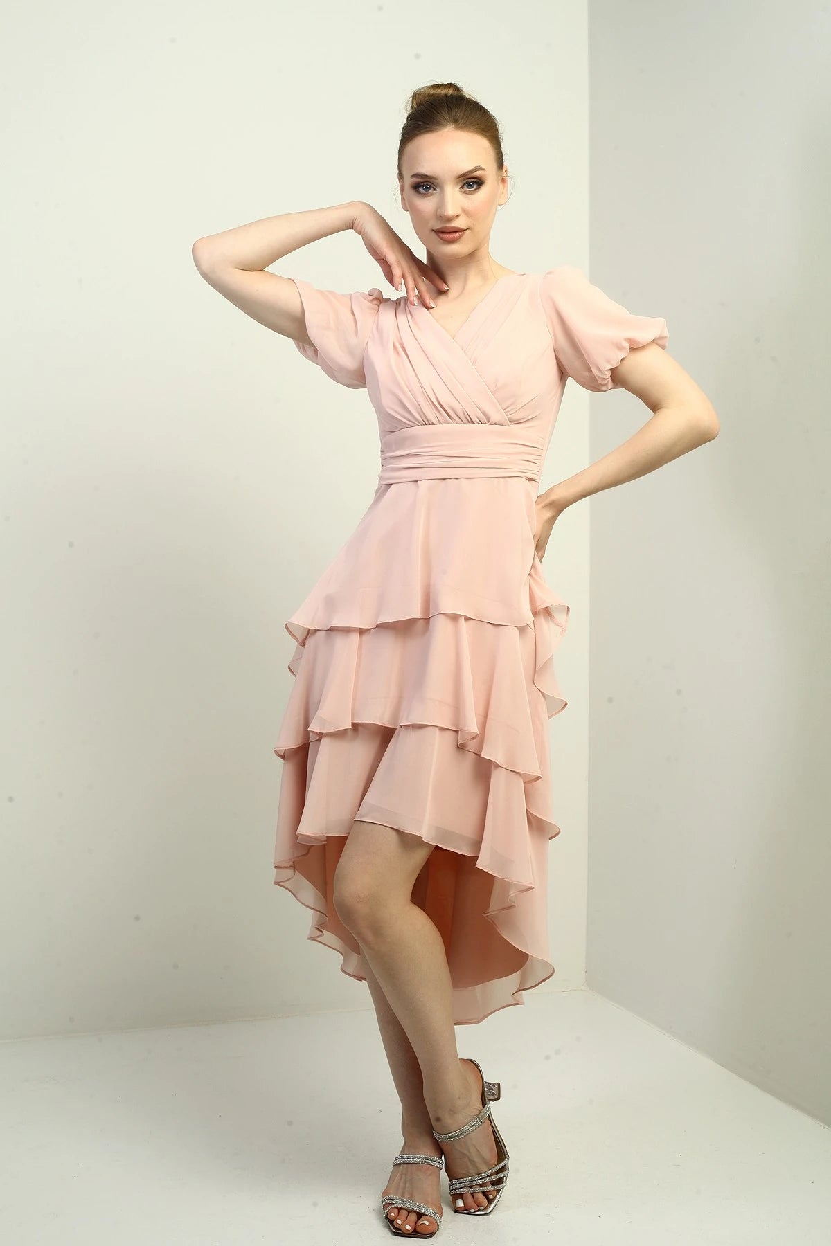 Image of Women's Wrap Neckline Back Zipper Layered Pleated Chiffon Dress